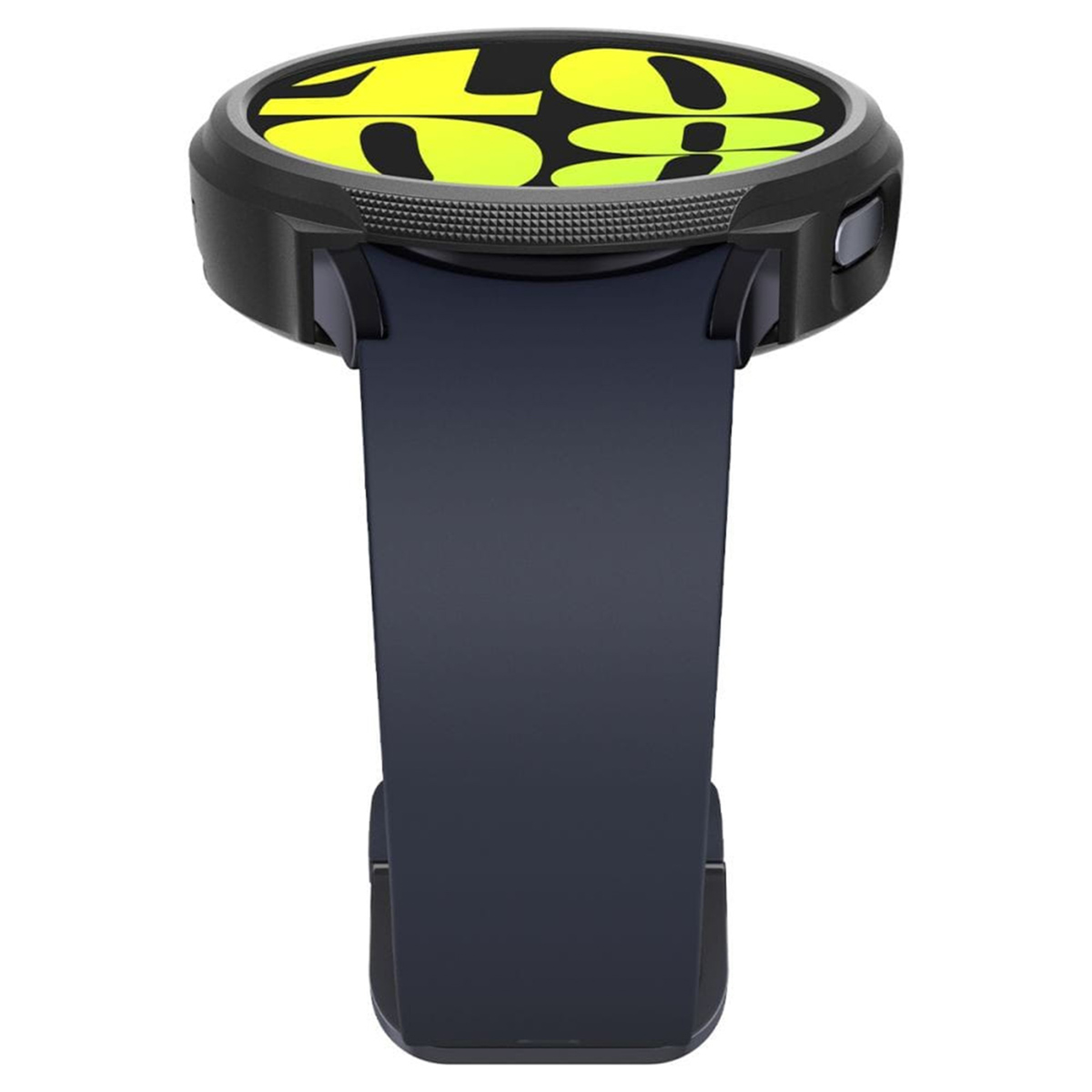 Een close-up van een smartwatch met een zwarte band en een geel en groen display met cijfers.