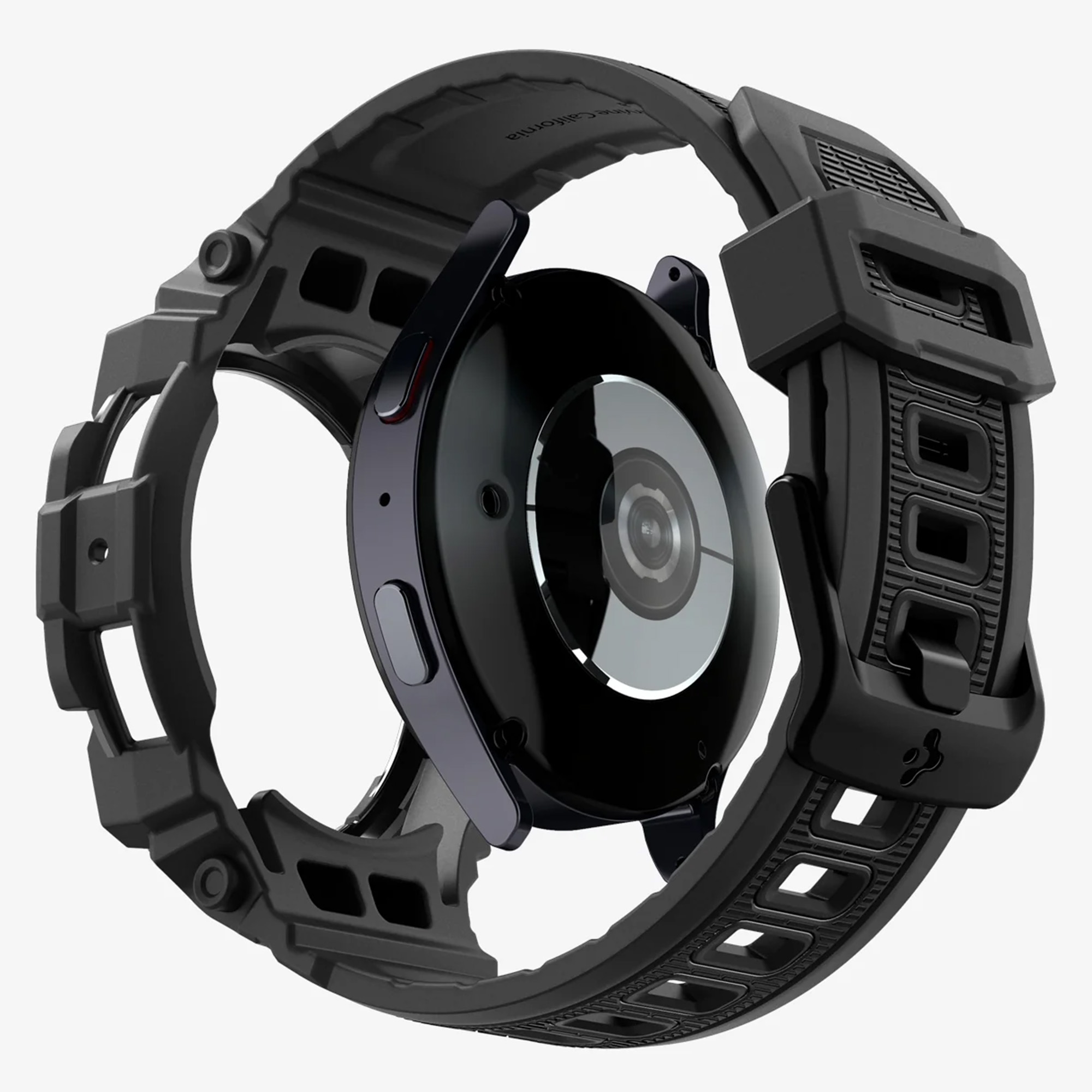 Een zwarte smartwatch met zwarte band en beschermhoes, vanuit meerdere hoeken bekeken. Het scherm is zichtbaar.