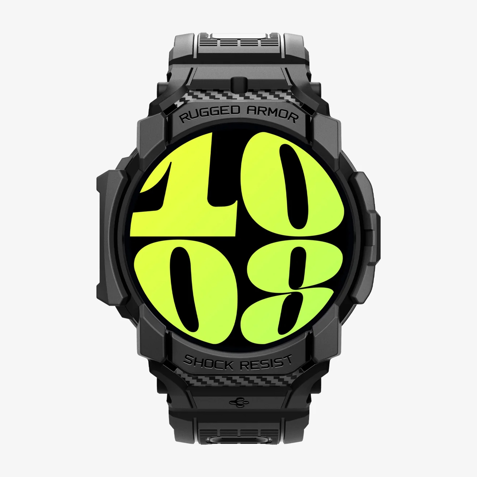 Zwart robuust horloge met gele display die de tijd toont. Zwarte rand, witte achtergrond.