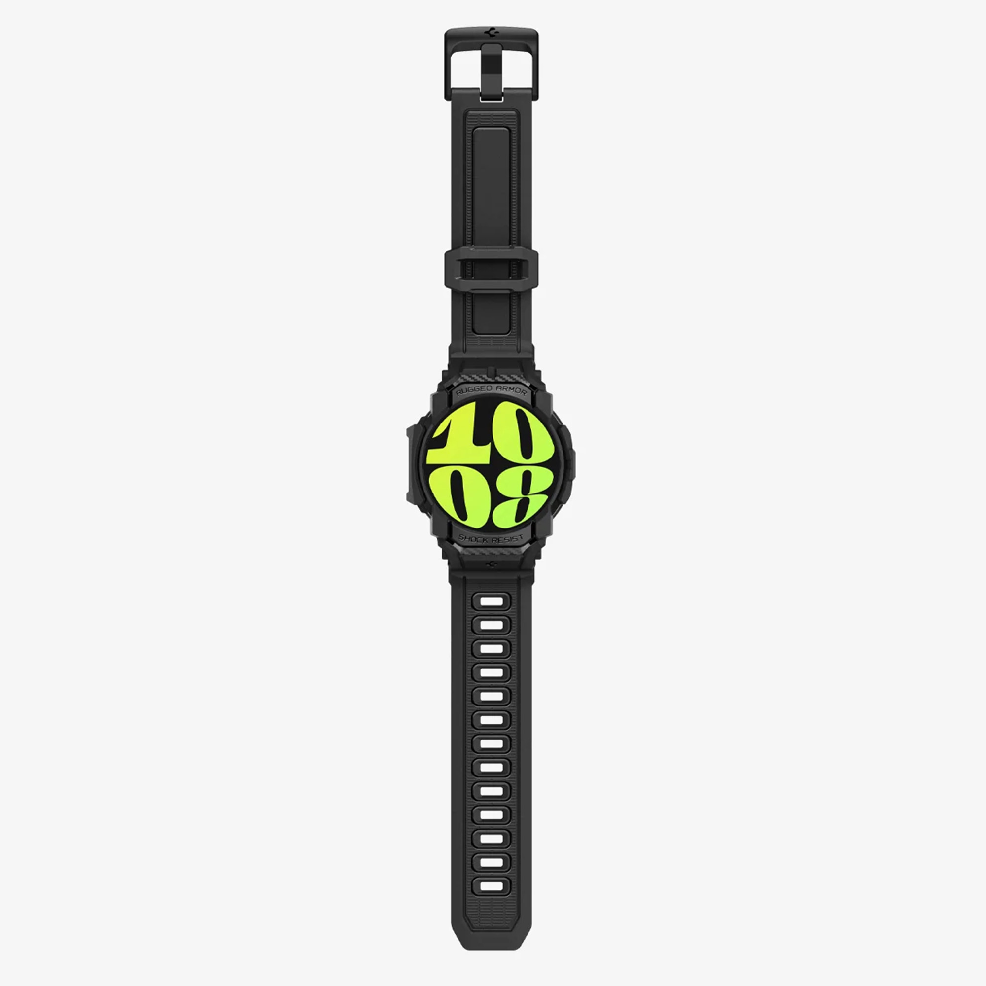 Zwarte smartwatch met een zwarte band. De wijzerplaat toont de nummers '10 08' in geel.