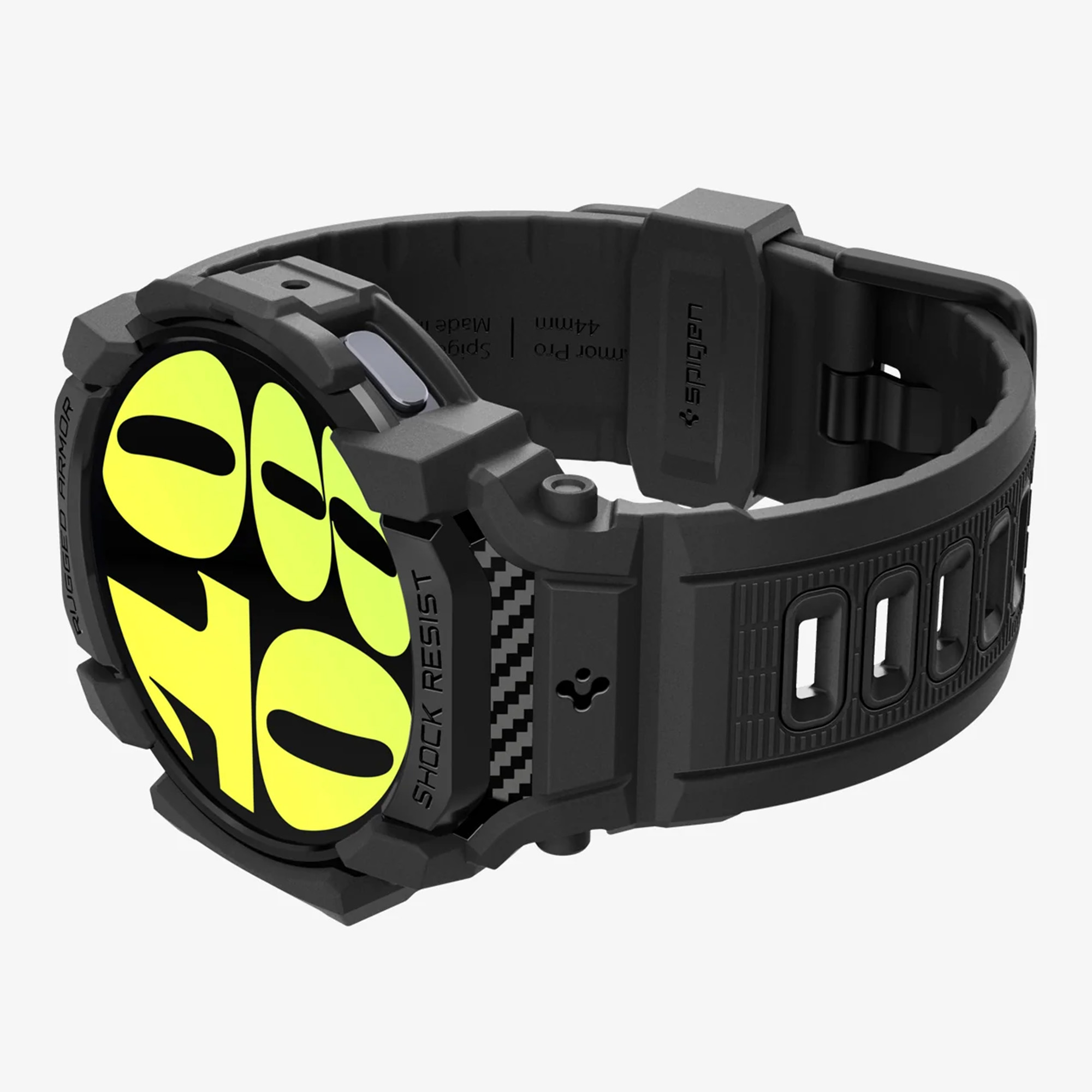 Czarny smartwatch z czarnym paskiem, pokazujący ekran i interfejs oraz obudowę ochronną.