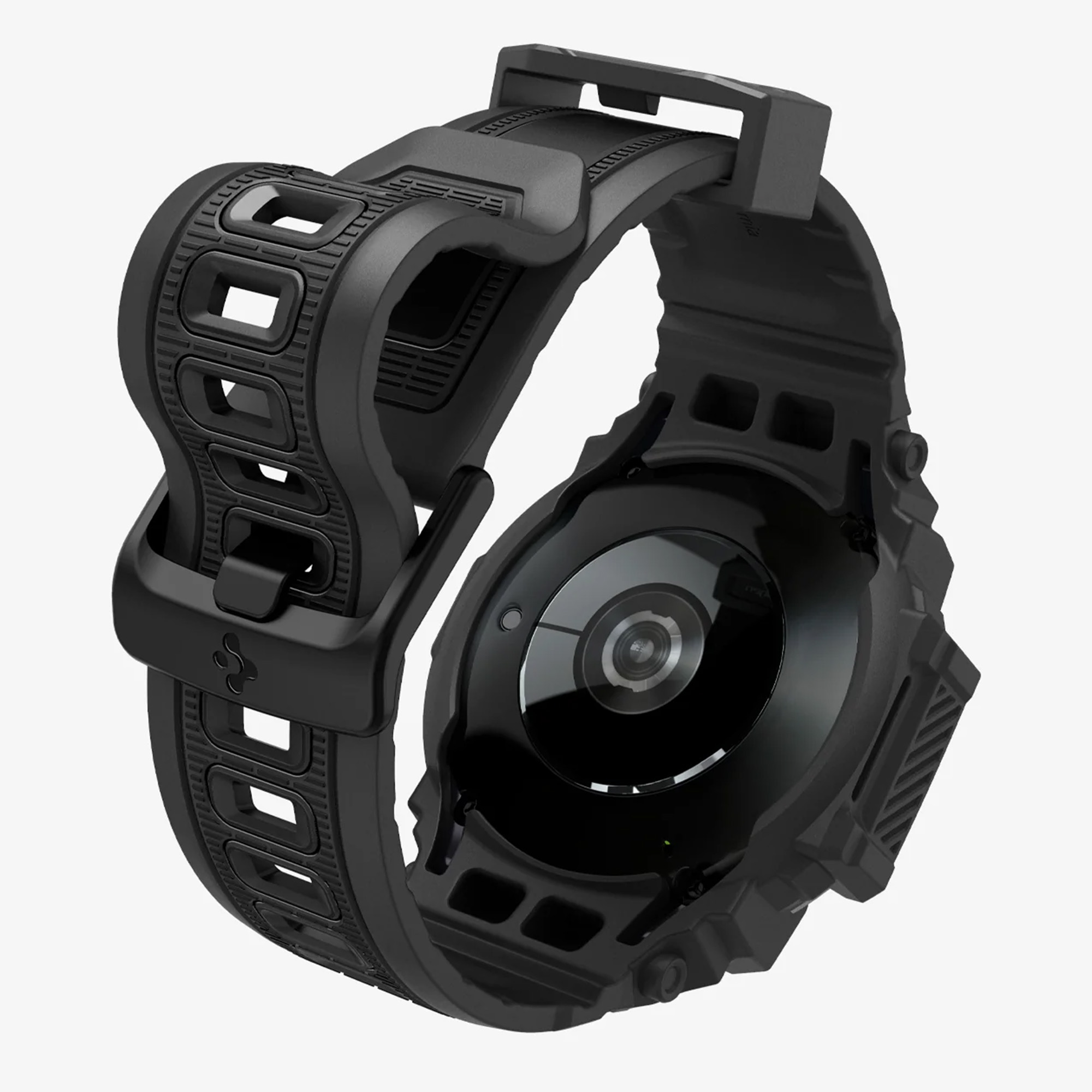 Een zwarte smartwatch band bevestigd aan een horloge, schuine weergave.
