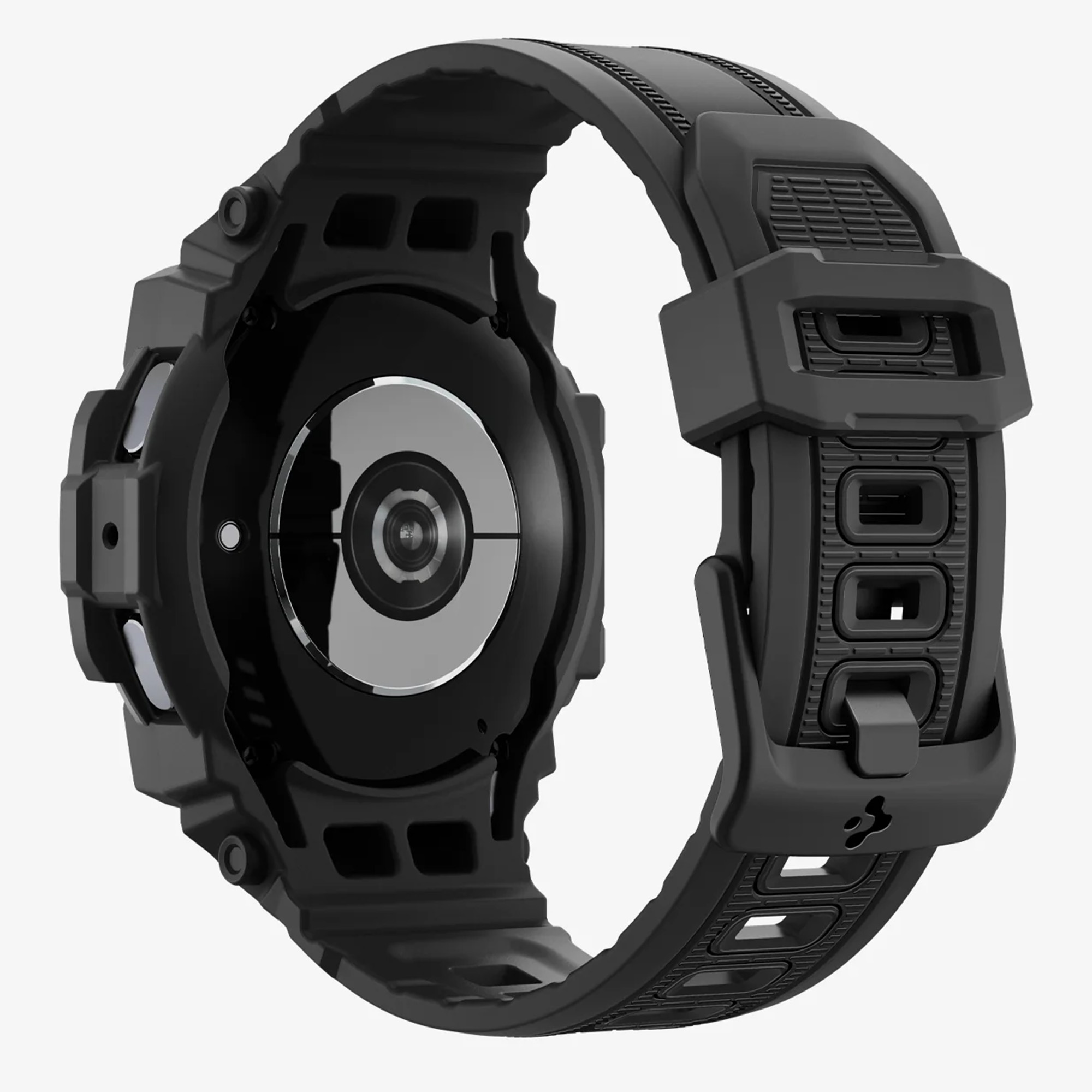 Zwarte smartwatch met een robuust ontwerp. De achterkant toont de sensoren en bandbevestiging.