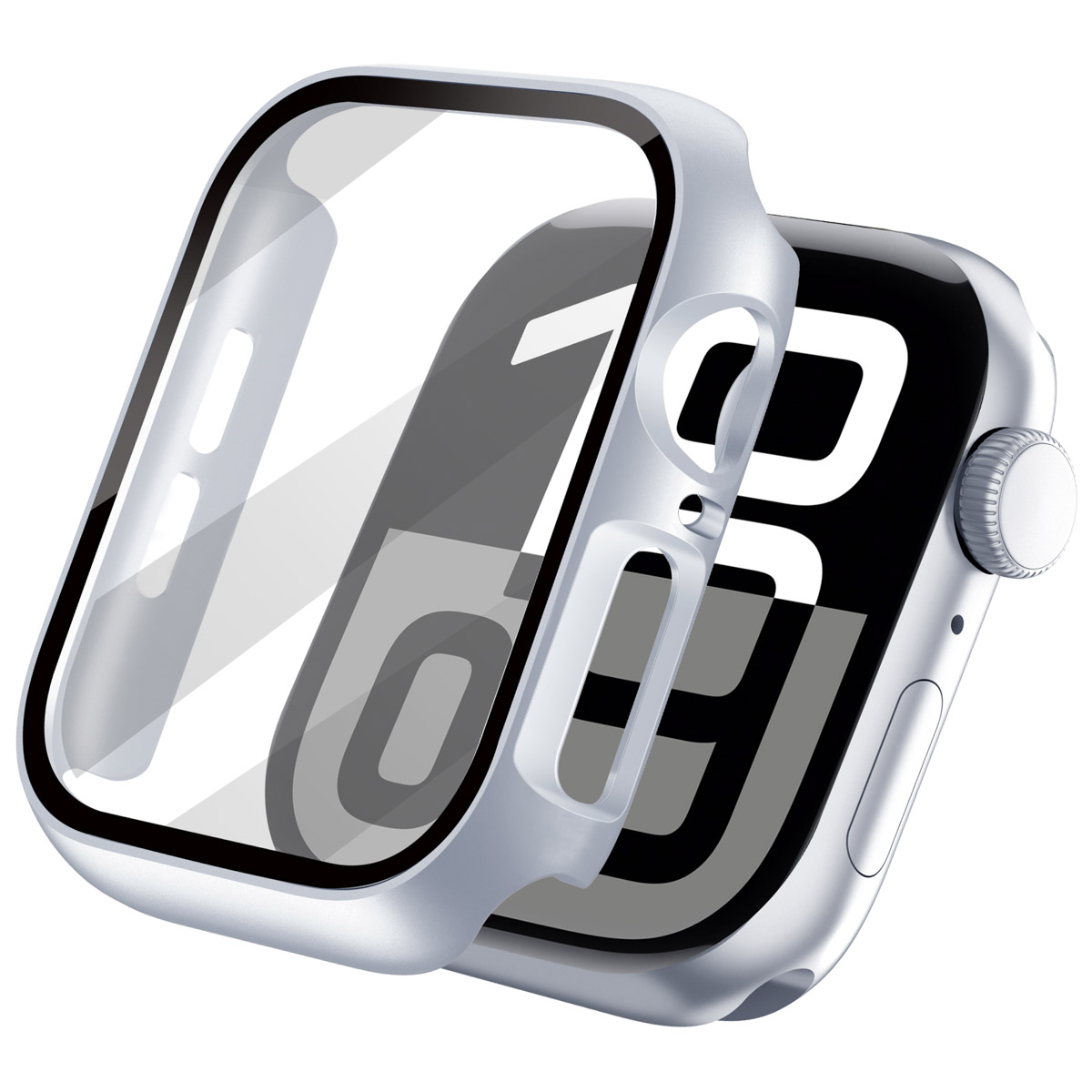 Silver Apple Watch with a clear case. The watch face shows a digital display.