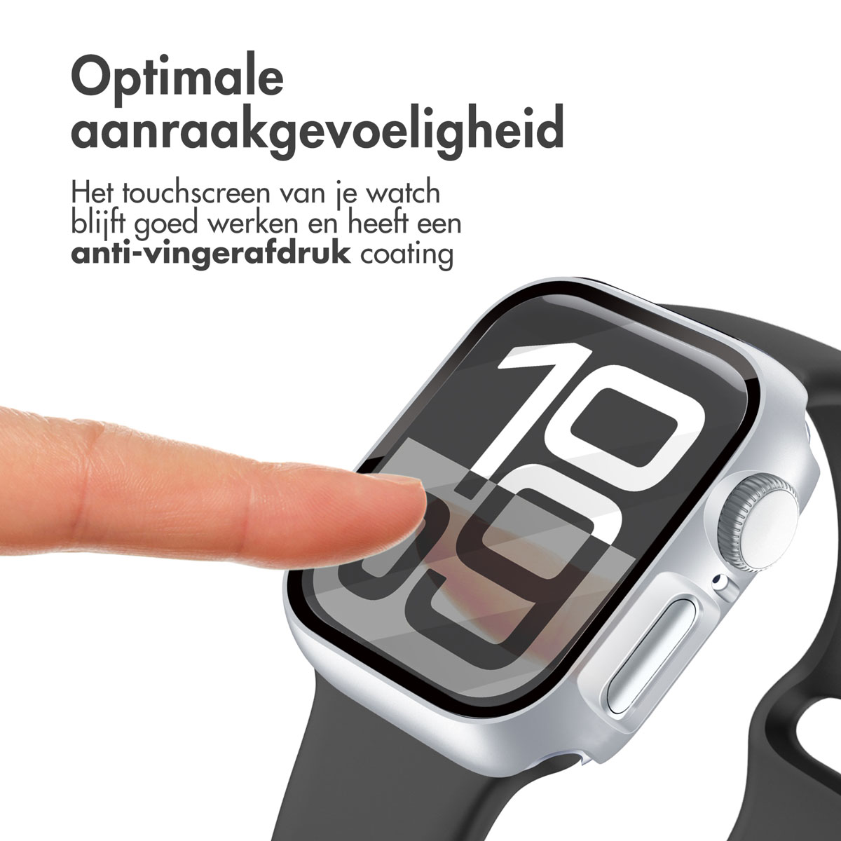 Finger touching a watch screen. Watch with a gray band and a protective case.