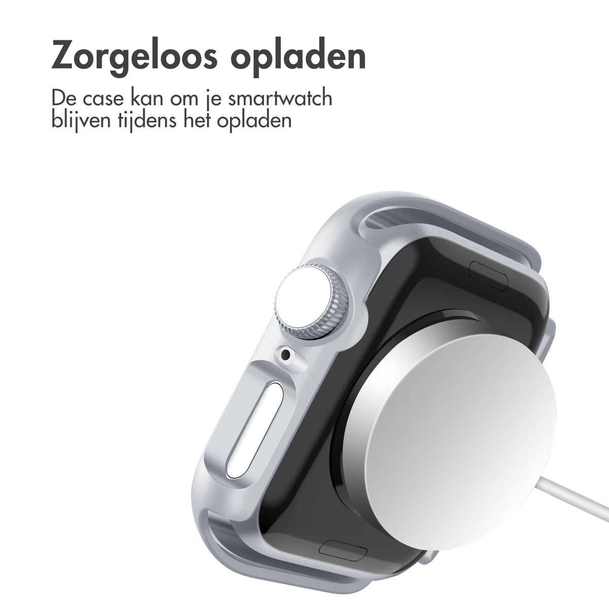 A smartwatch on a charger, inside a clear case. Text: 'Worry-free charging'.
