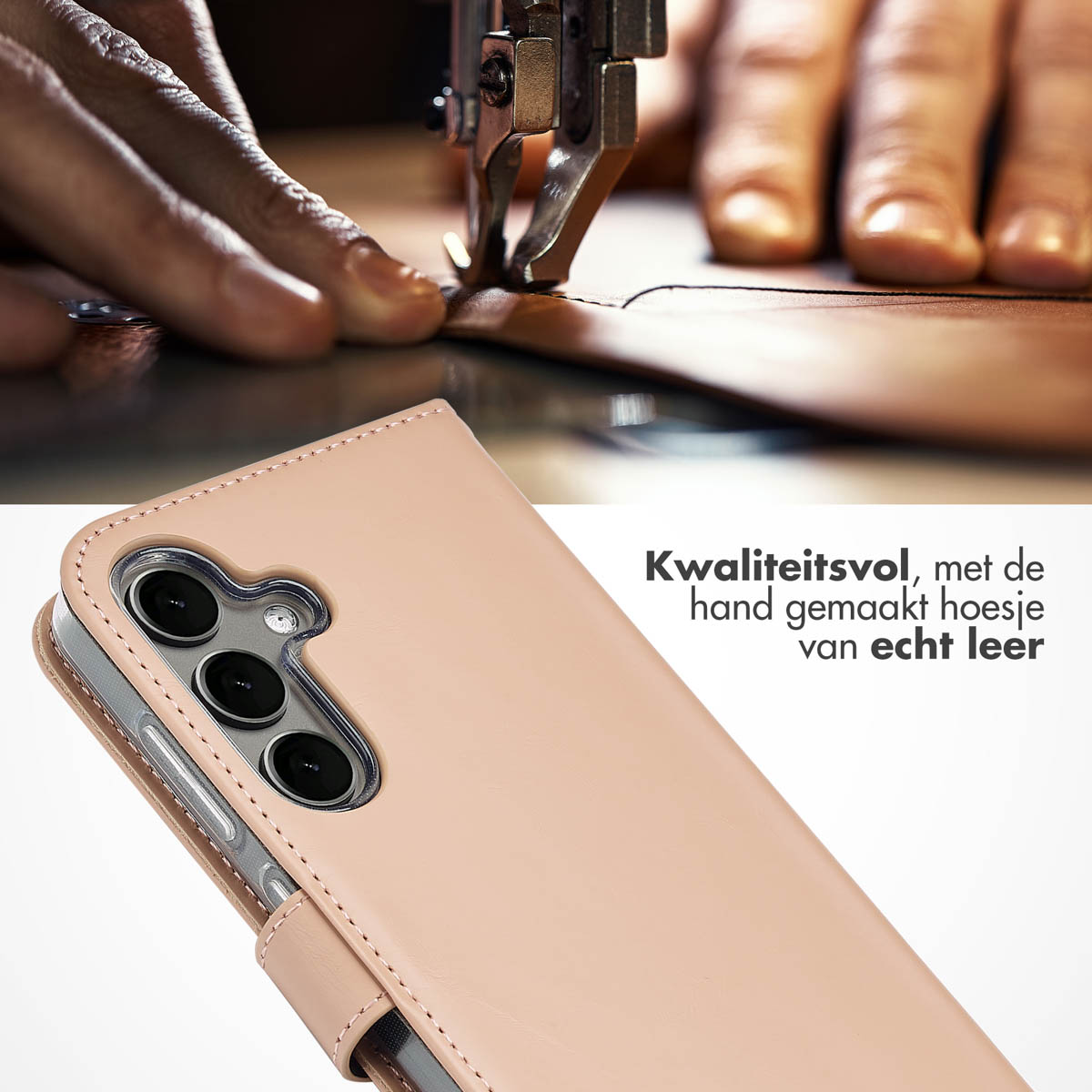 Eine Nähmaschine näht eine Leder-Handyhülle. Die Handyhülle ist offen und zeigt das Innere.
