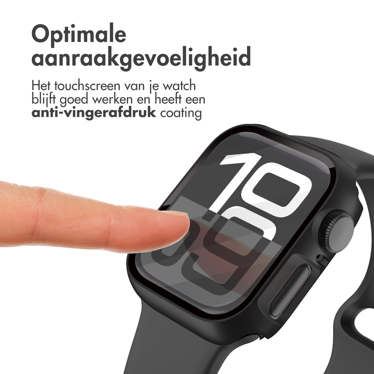 Black smartwatch with a black case. Finger touches the screen displaying 10:09.