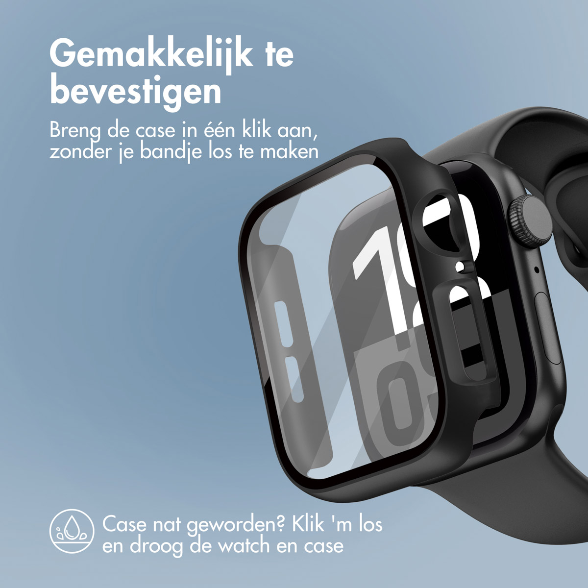 A smartwatch with a black case, and a black band, with a clear protective cover over the screen.