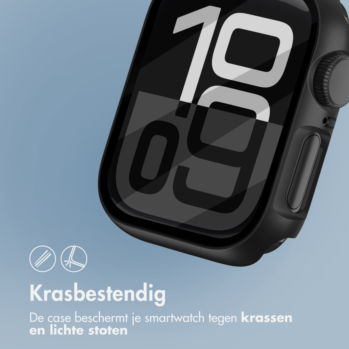 Black smartwatch case with a black screen displaying the time, and white text on a blue background.