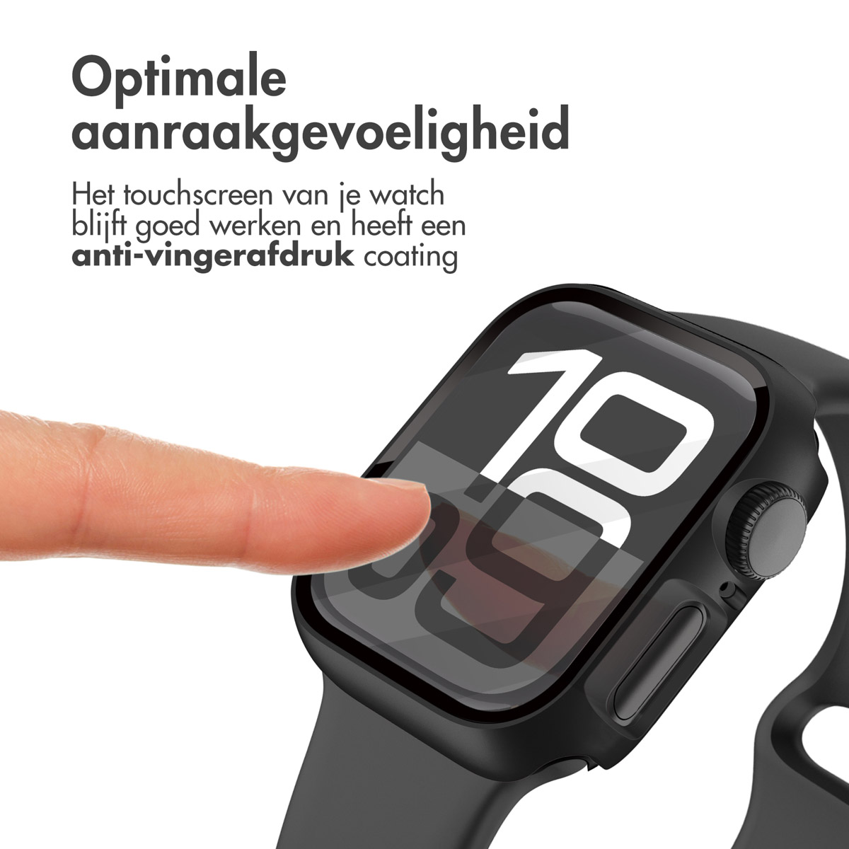 Black smartwatch with screen showing numbers, with a finger touching the screen.