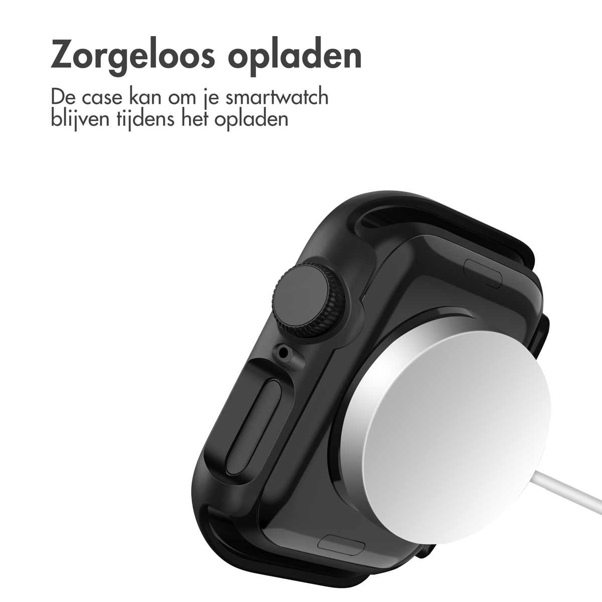 A black smartwatch on a charging dock, with text about charging.