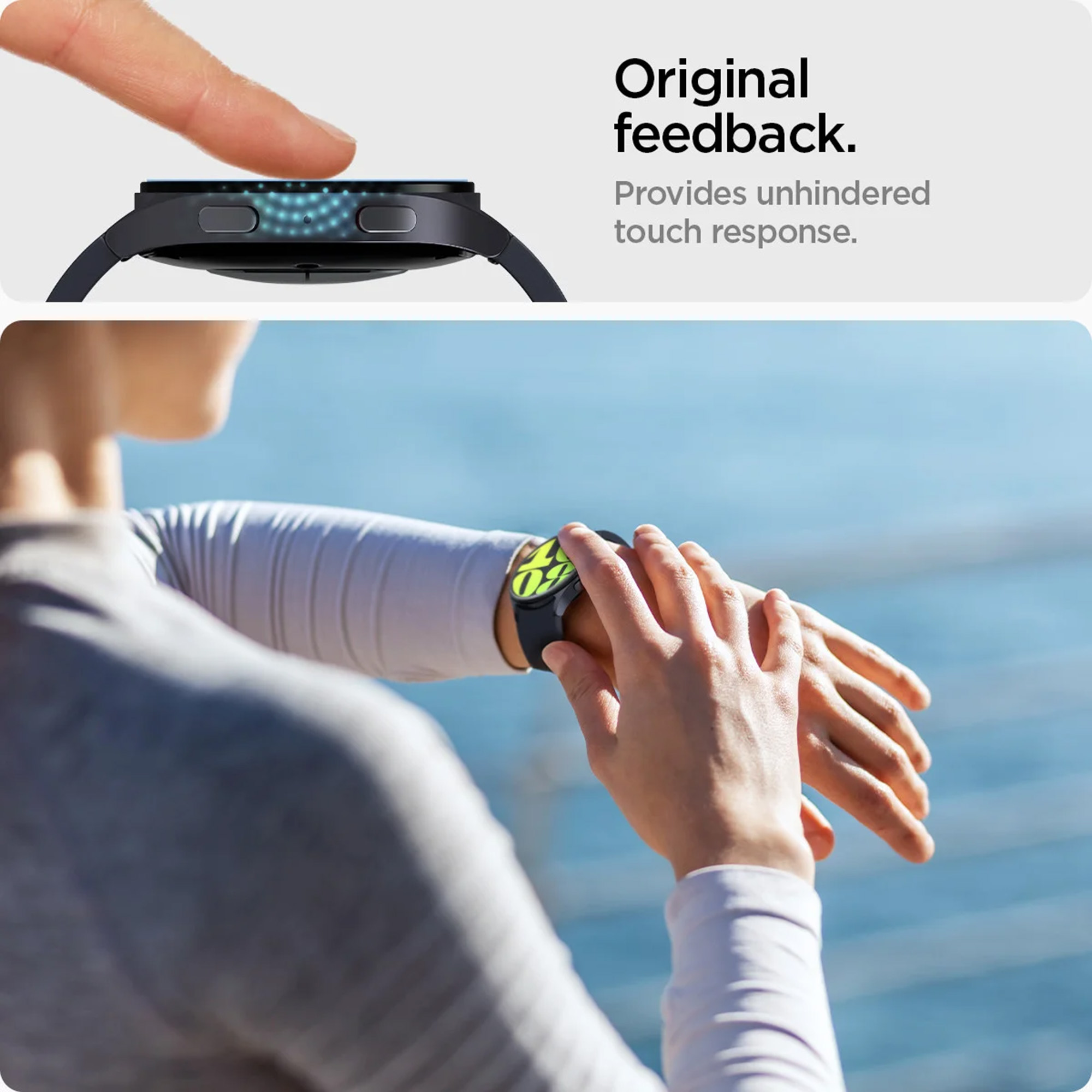 Een persoon raakt een smartwatch-scherm aan. Het scherm toont een digitale klokinterface.