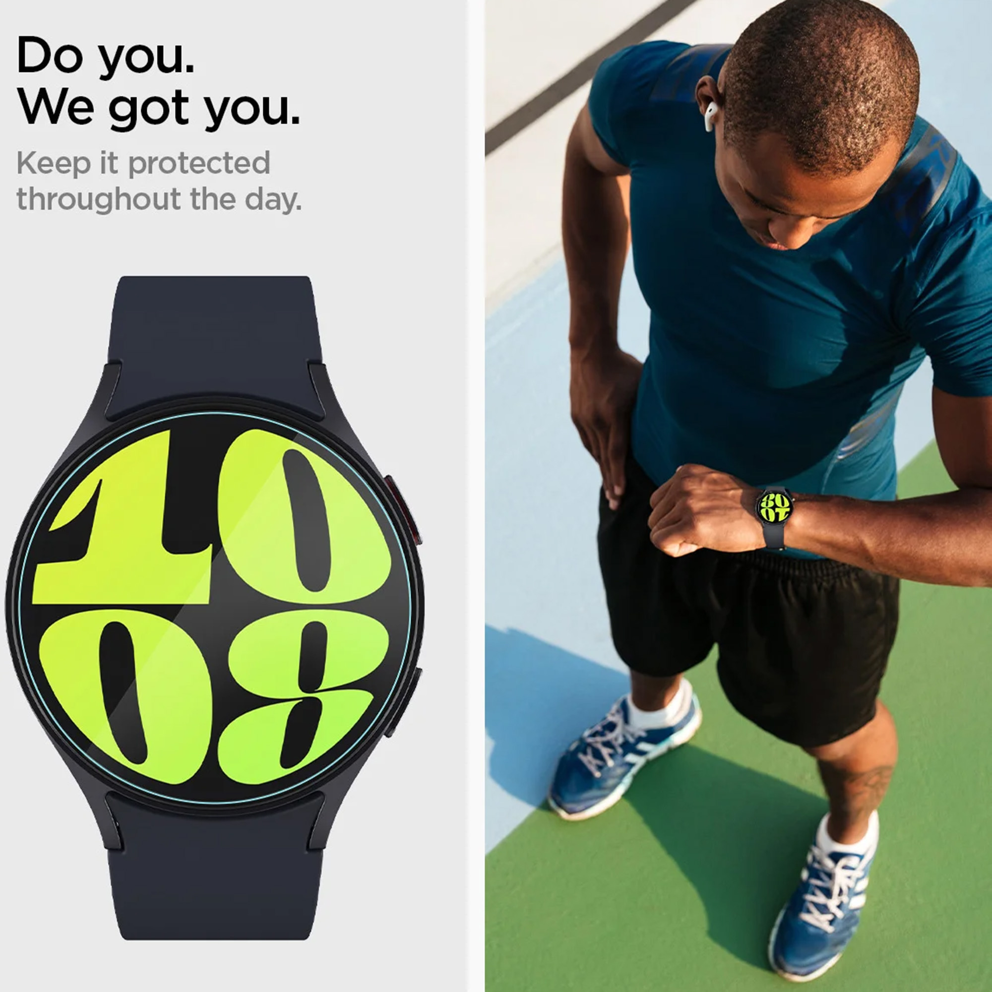 Man met smartwatch. Horloge toont tijd. Tekst links. Groene en blauwe achtergrond.