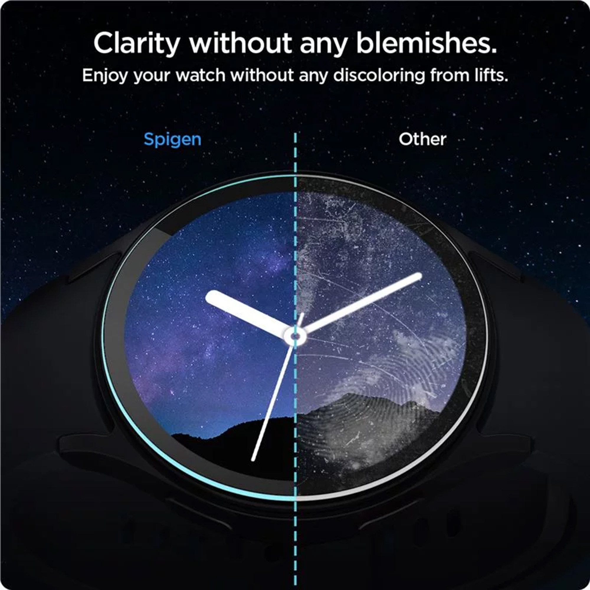 Smartwatch op een zwarte band, met een vergelijking van een schoon scherm versus een vuil scherm. De Spigen-kant.