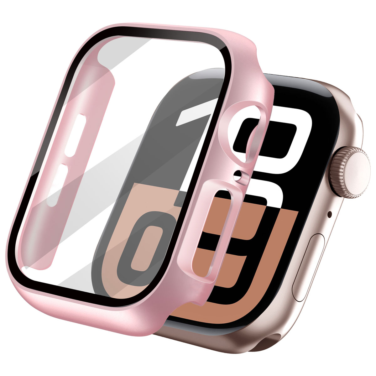 Pink smartwatch case open. Displays the watch face with the time 10:09.
