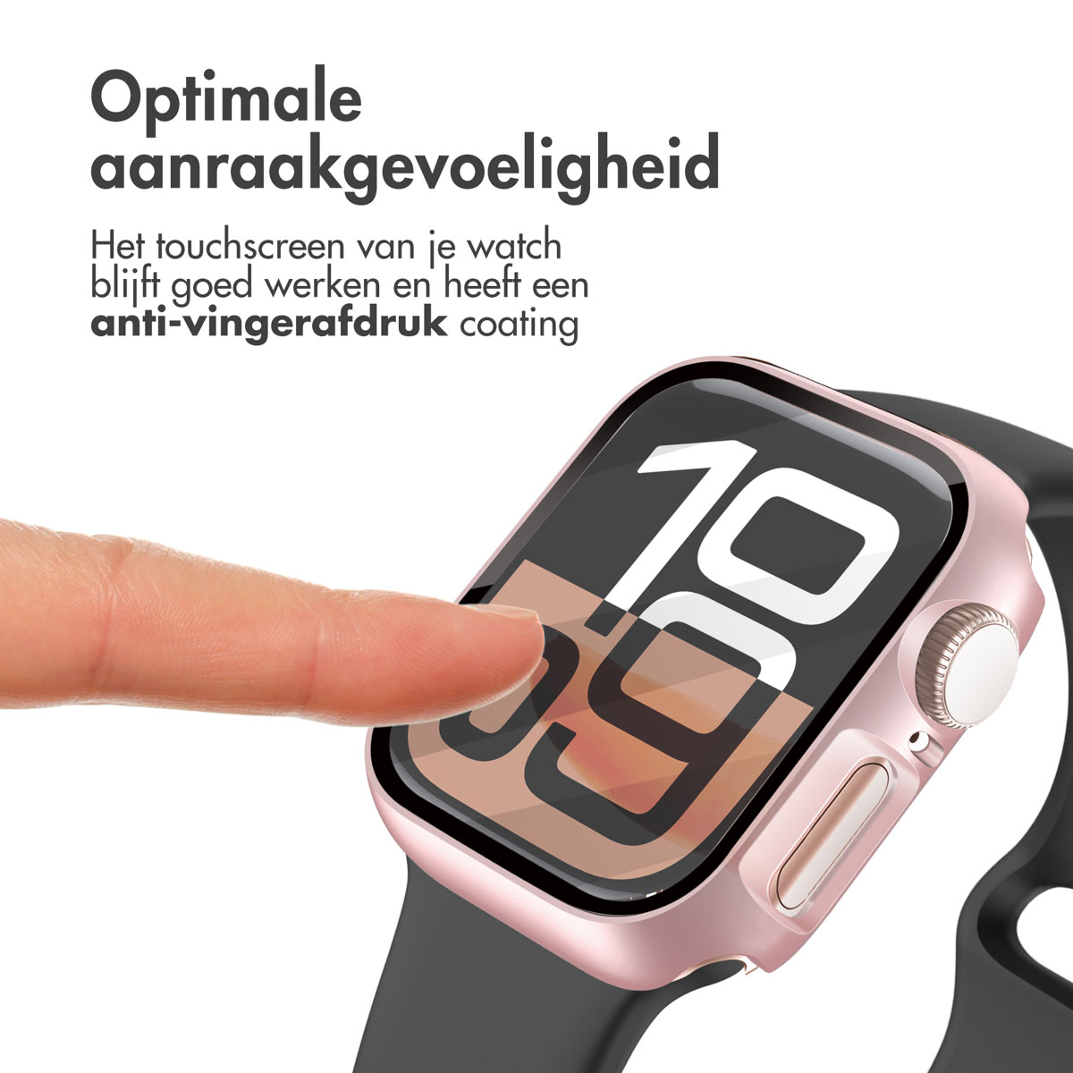 A person's finger touching a pink Apple Watch. The watch face displays numbers.