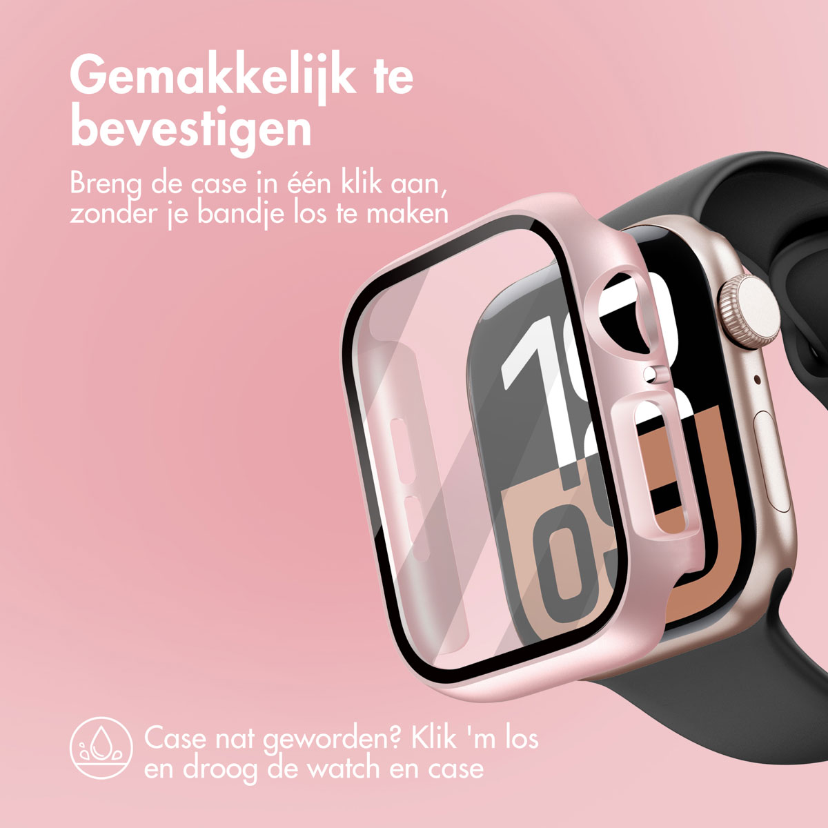 Pink watch case on a watch. Text in Dutch. Pink background.