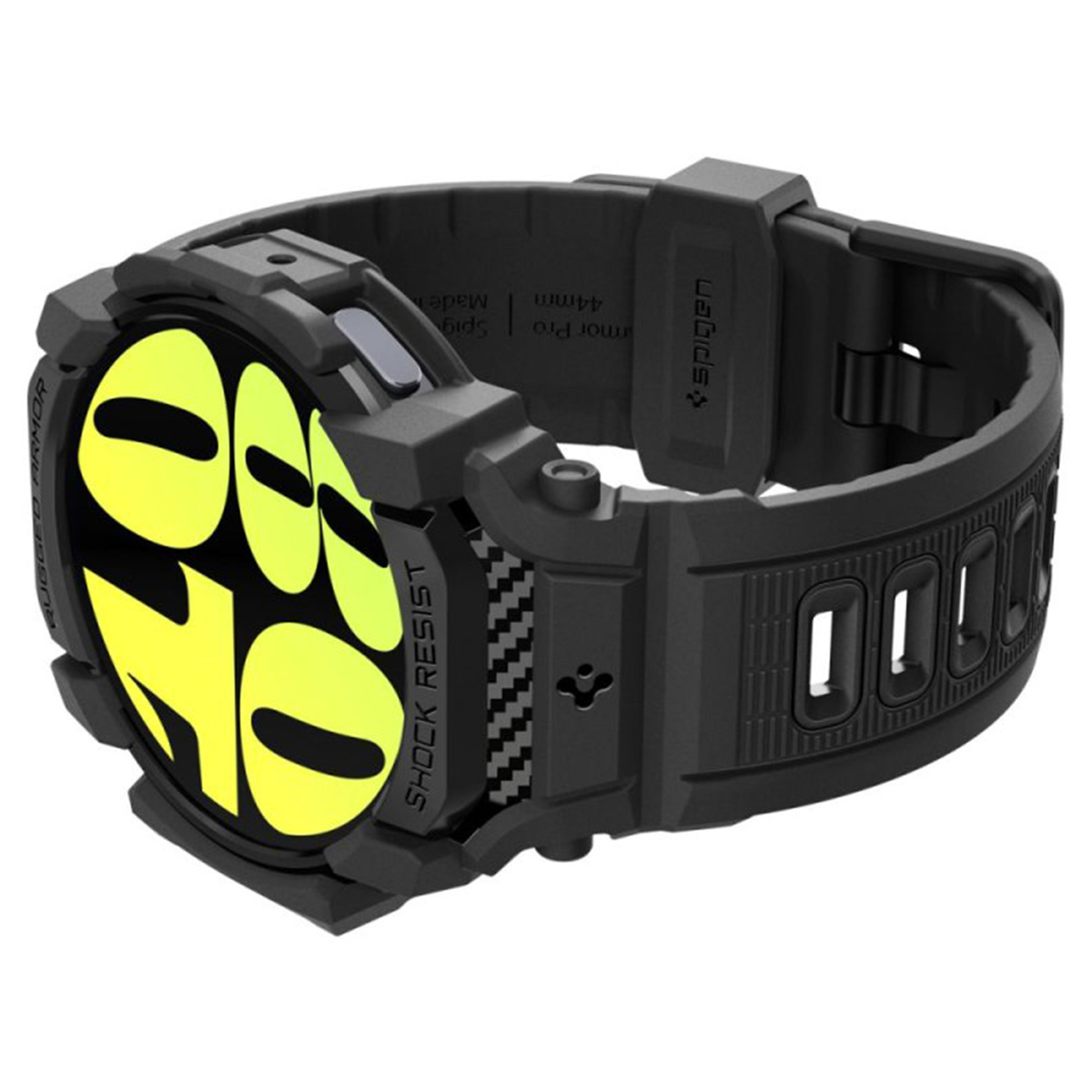 Czarna obudowa zegarka przymocowana do zegarka. Tarcza zegarka wyświetla cyfry i kolorowy pierścień.