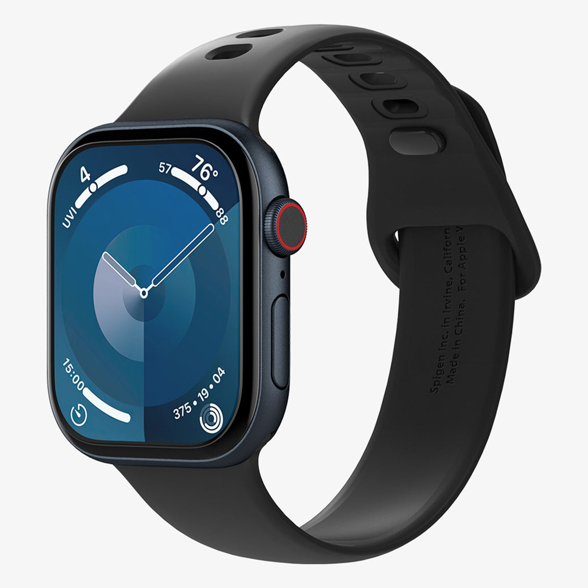 Czarny Apple Watch z czarnym paskiem. Tarcza wyświetla niebieski wyświetlacz.
