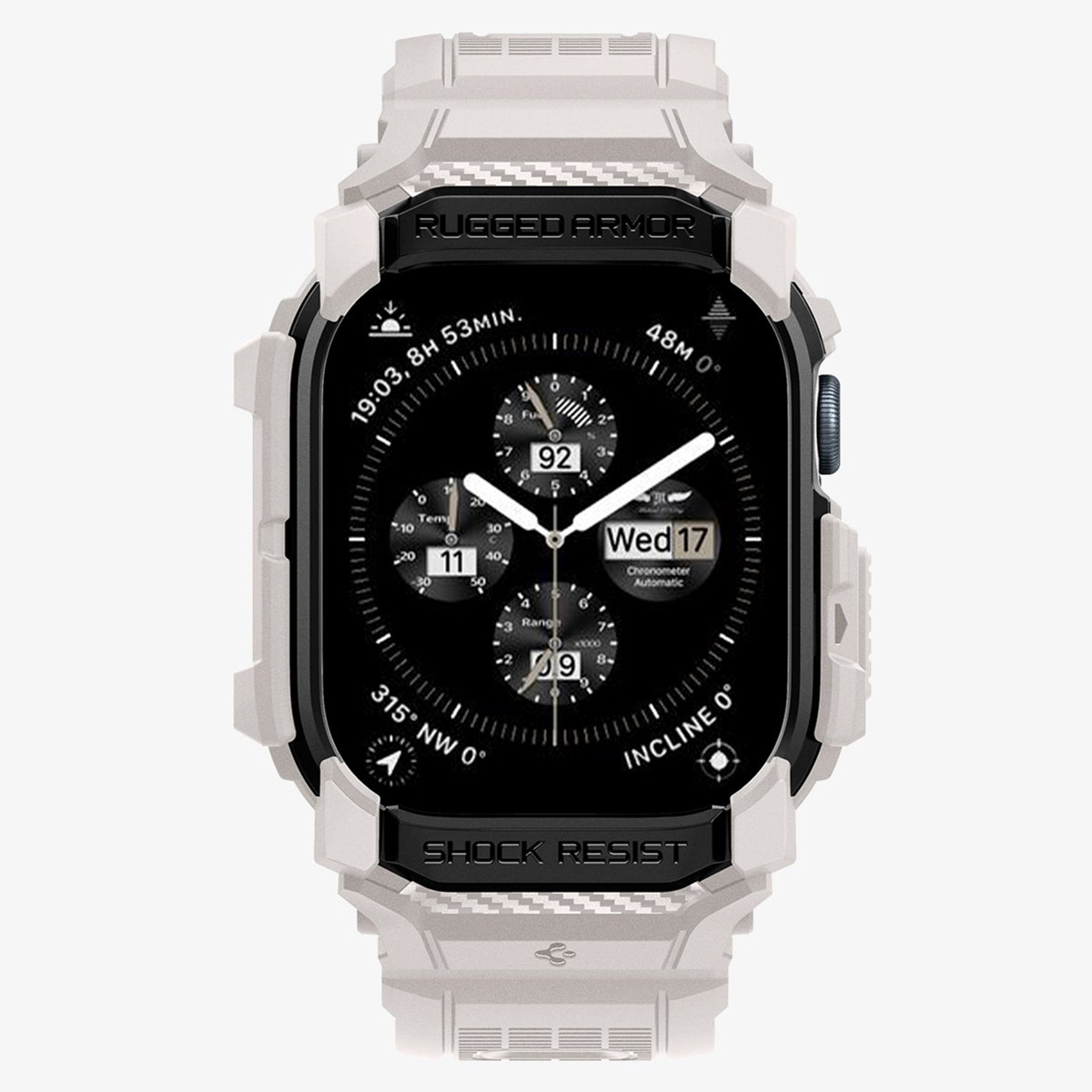 Biało-czarna obudowa zegarka na zegarku z czarnym ekranem. Wyświetla godzinę i datę.