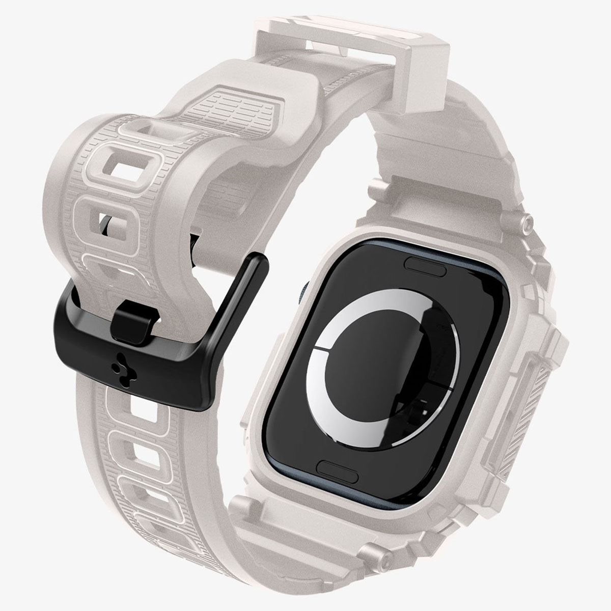 Biały Apple Watch z białym paskiem i obudową ochronną, widoczny z różnych perspektyw.