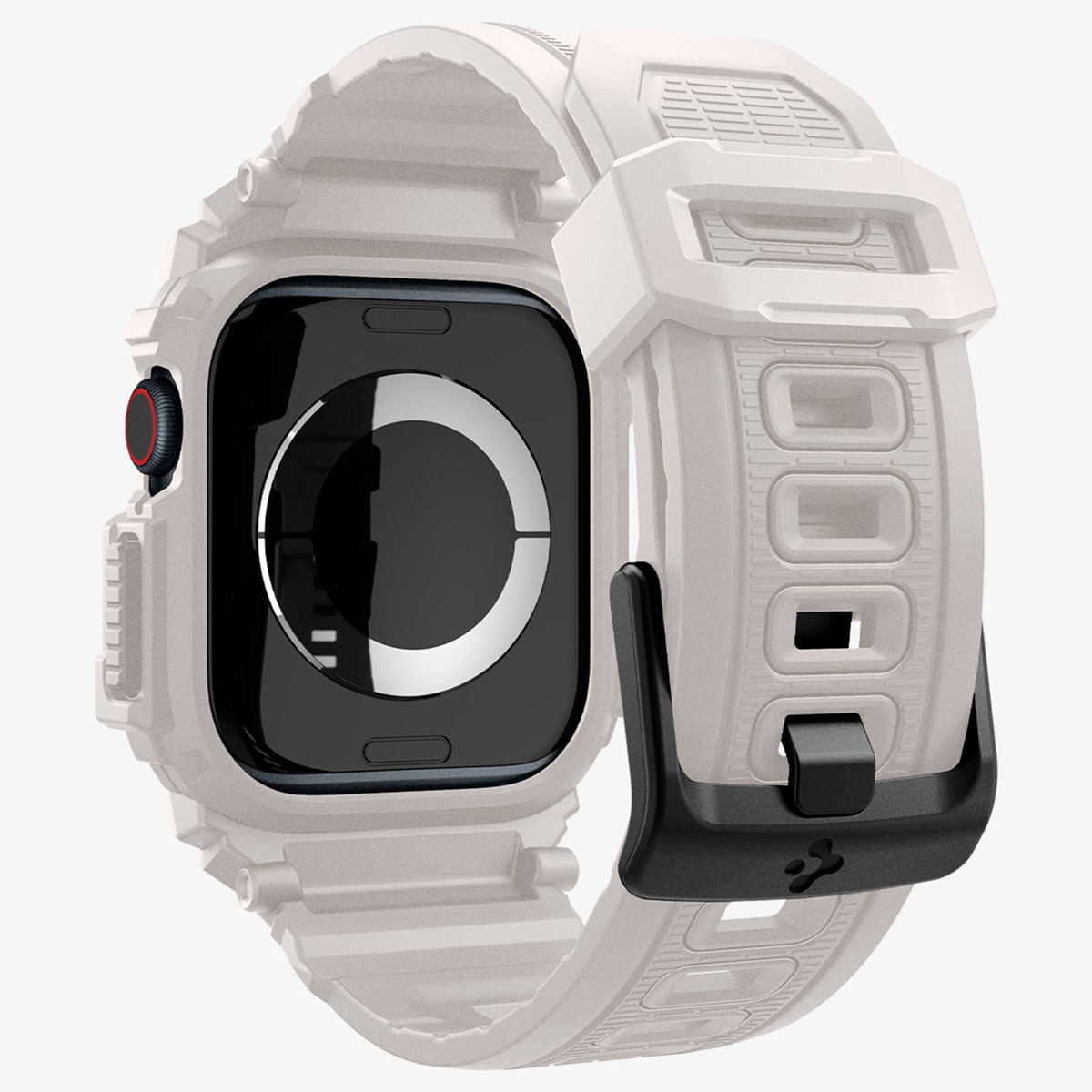 Biały zegarek z czarnym ekranem, białym paskiem. Czarna klamra. Czerwony przycisk z boku.