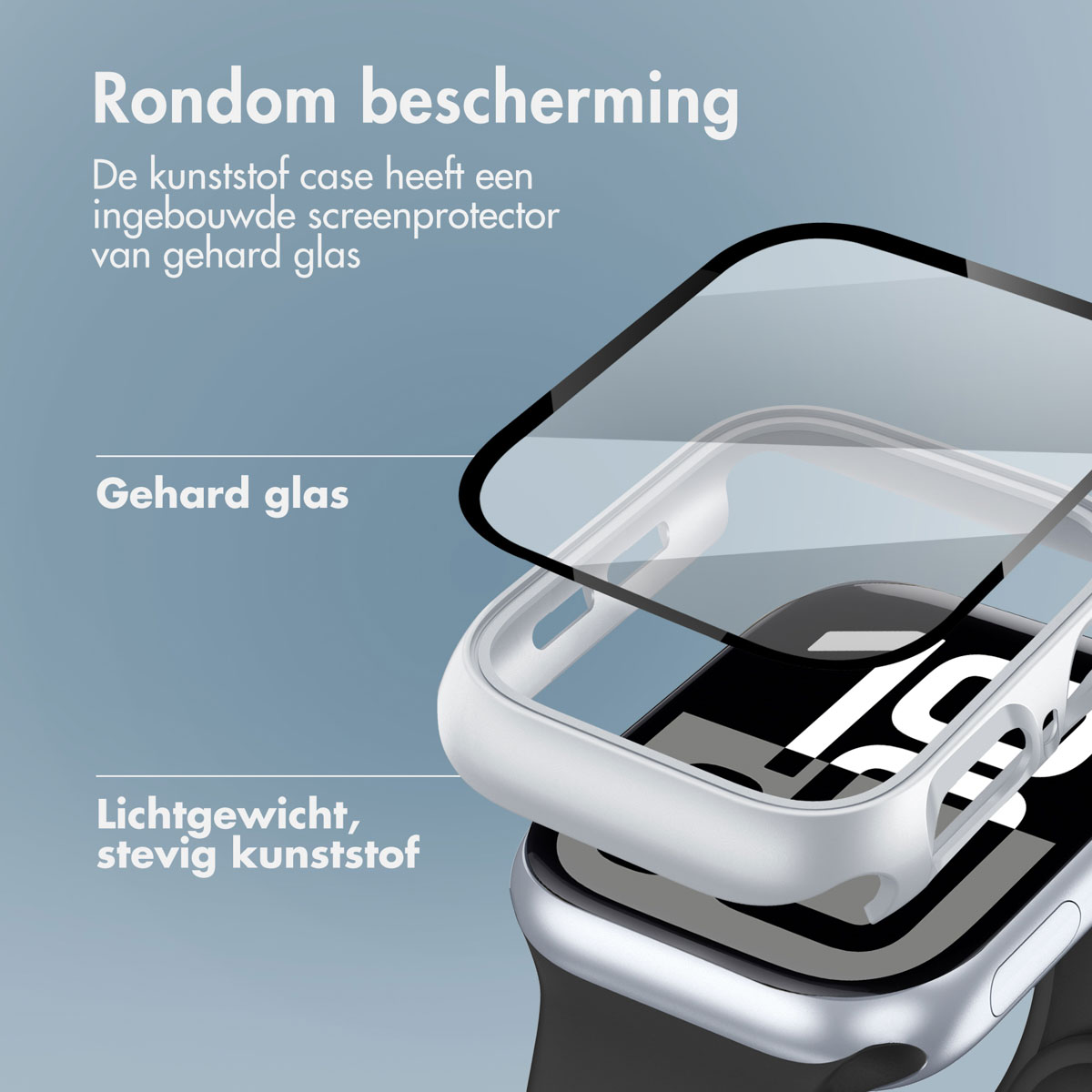 An exploded view of a watch case and screen protector.