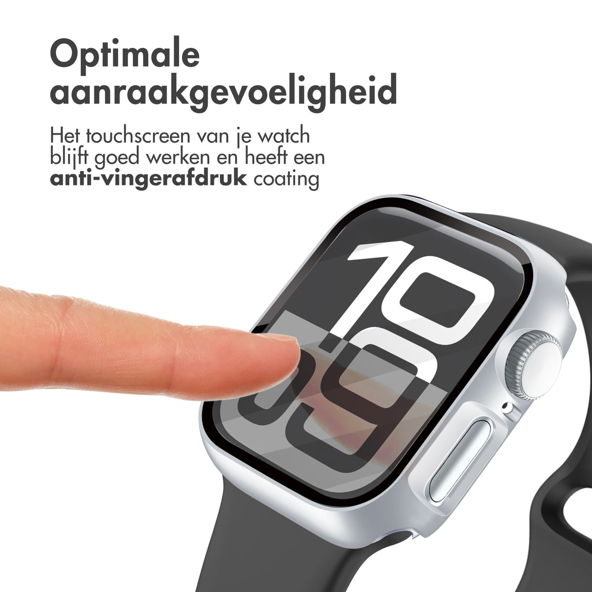 Finger touching a watch screen. Watch with a gray band and a protective case.
