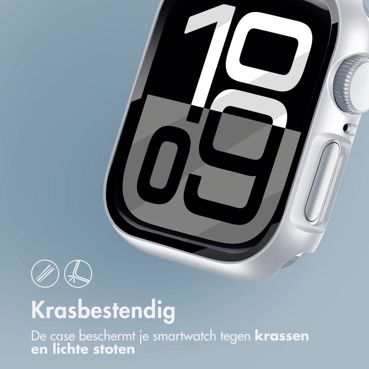 Close-up of a smartwatch screen with a protective case, showing the time and the interface.