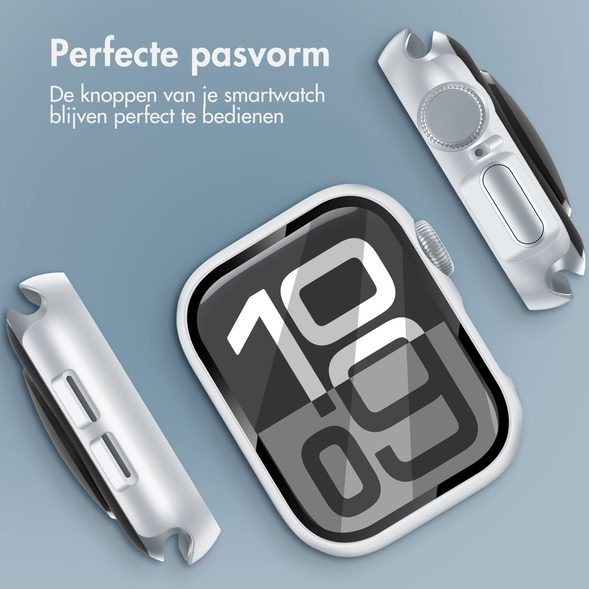 A white smartwatch case and band, with the watch face displaying numbers. The text reads, Perfect fit.