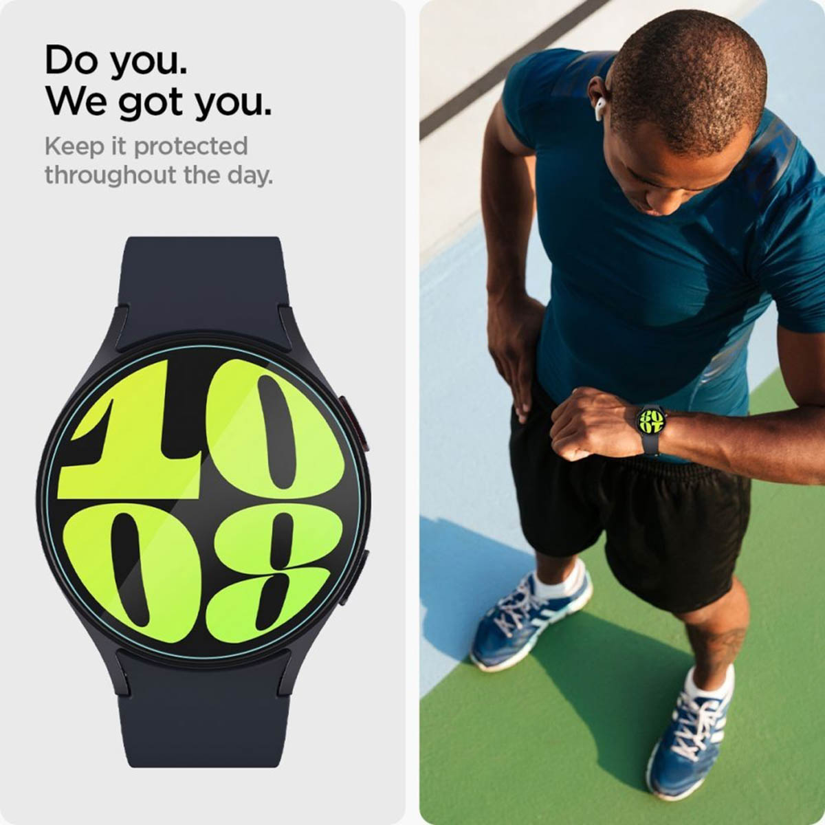 Mężczyzna z smartwatchem, biegający na zewnątrz. Zegarek wyświetla zielone cyfry na czarnym tle.