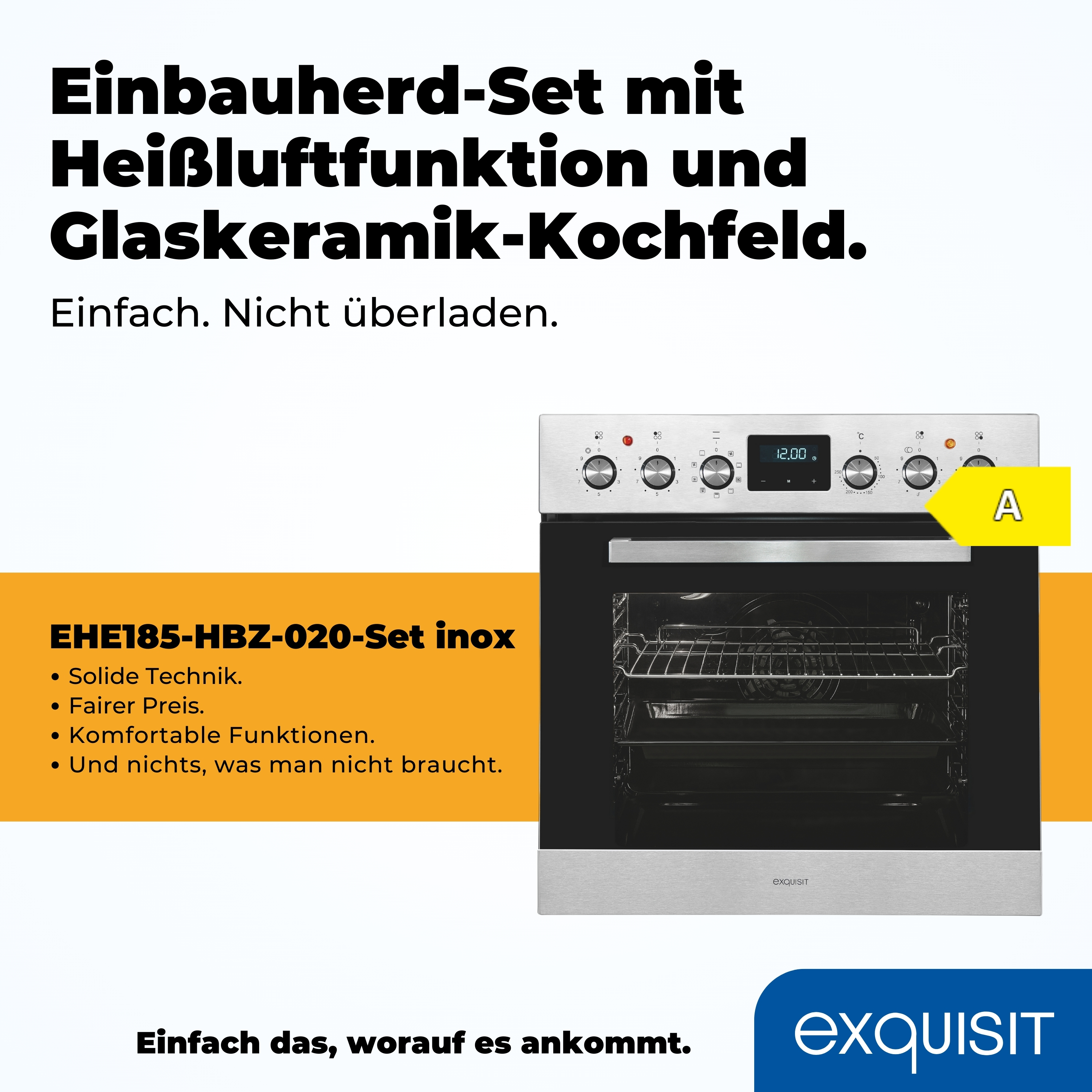 Ein Backofen mit Edelstahlfront, gelbem Energieeffizienzlabel und Produktdetails.