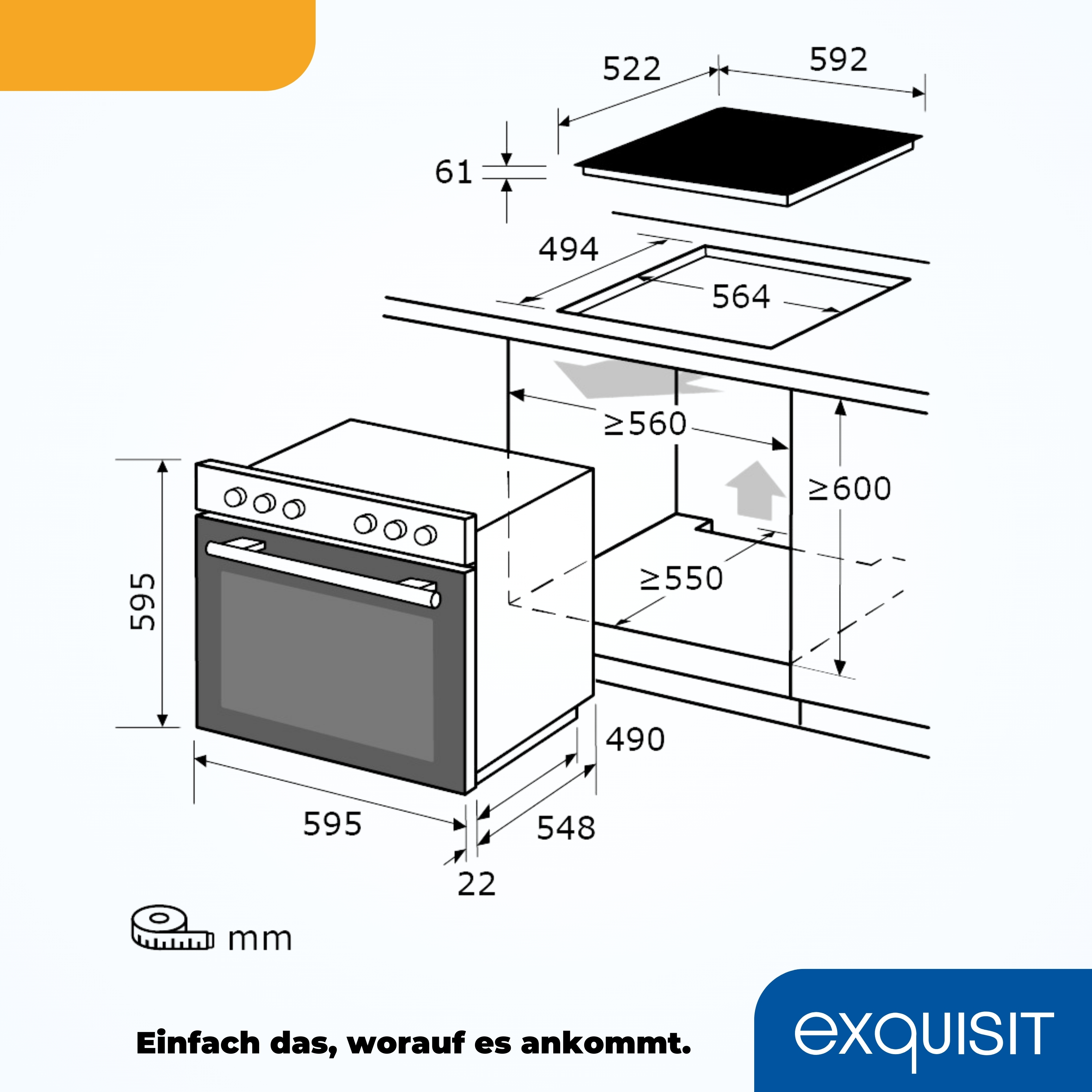 Ofen-Abmessungsdiagramm. Vorderansicht, zeigt Größen in Millimetern. Text: Einfach das, worauf es ankommt.