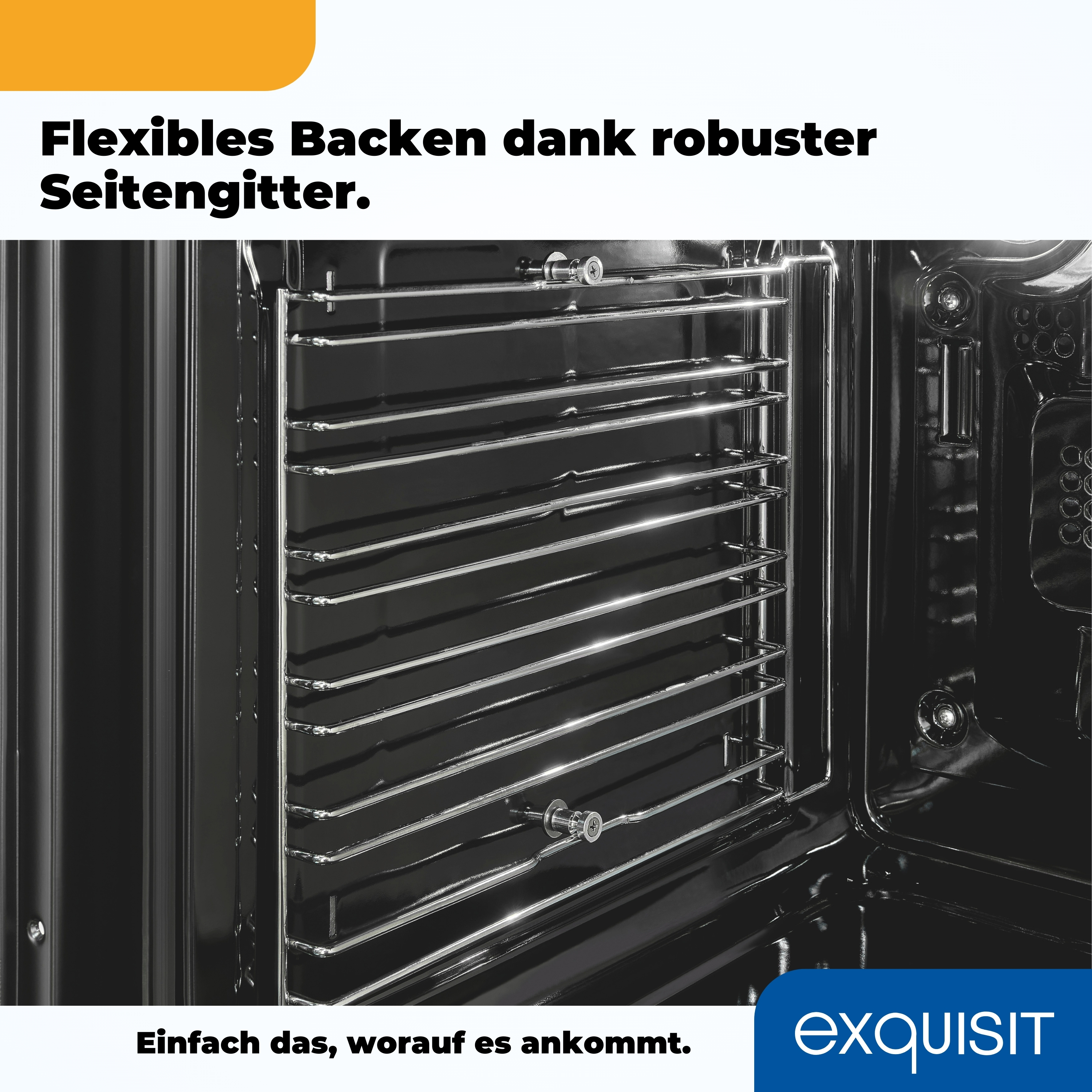 Ein Backofeninnenraum mit Metallrosten. Der Text lautet: 'Flexibles Backen dank robuster Seitengitter'.