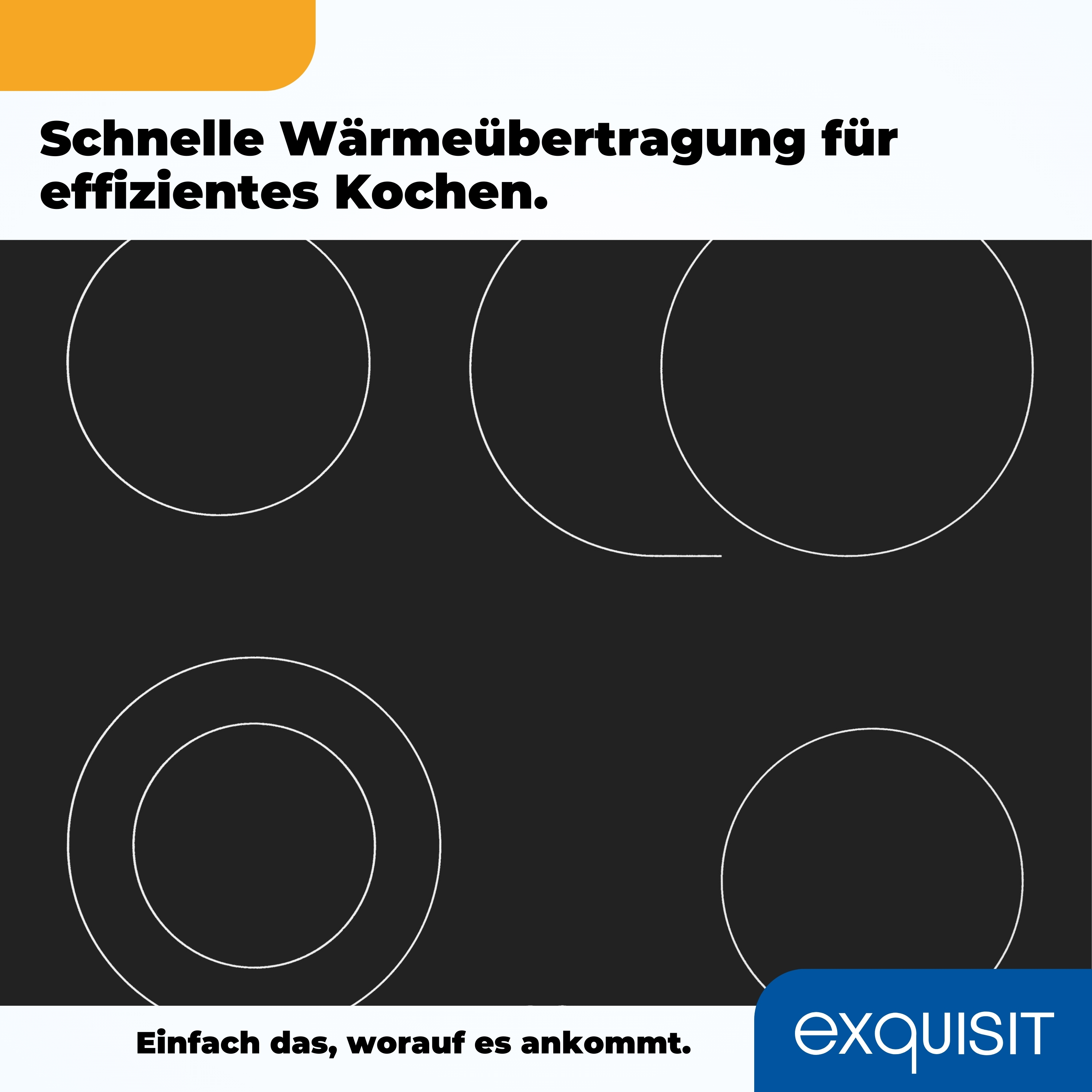 Schwarzes Induktionskochfeld mit vier weißen Kreisen. Text: 'Schnelle Wärmeübertragung für effizientes Kochen'.