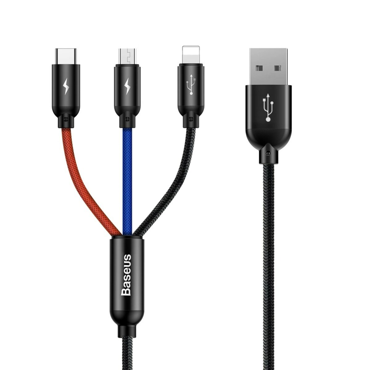 BASEUS Three Primary Colors 3'ü 1 Arada  USB-C / Lightning / Micro 3,5A 0,3m Şarj Kablosu Siyah
