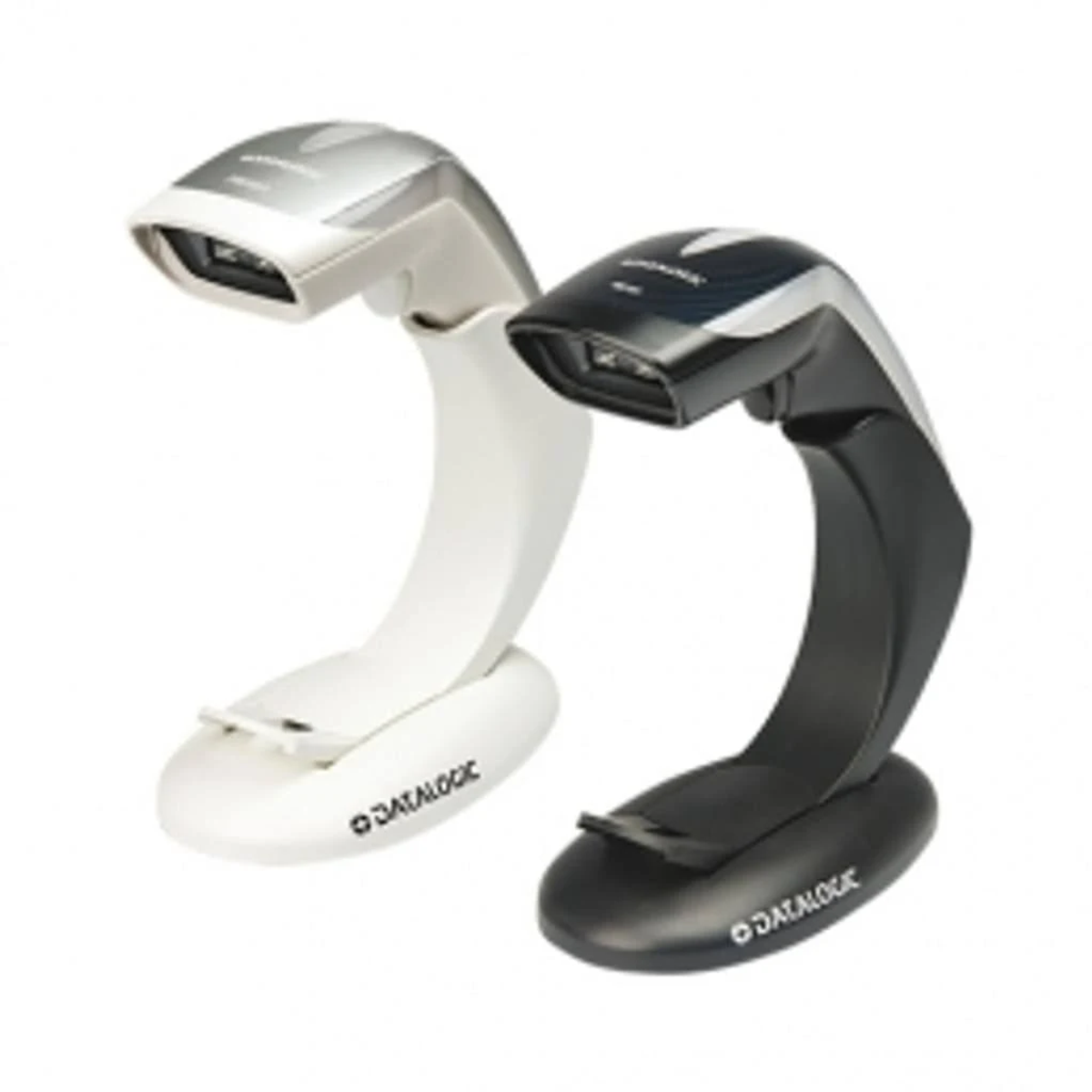 Zwei Barcode-Scanner, einer weiß und einer schwarz, auf weißem Hintergrund.