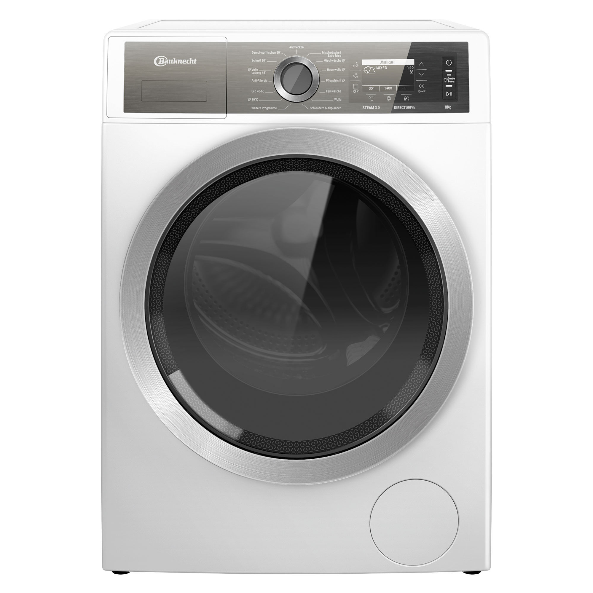 Weiße Waschmaschine mit dunkler grauer Tür und Bedienfeld. Die Marke ist Bauknecht.
