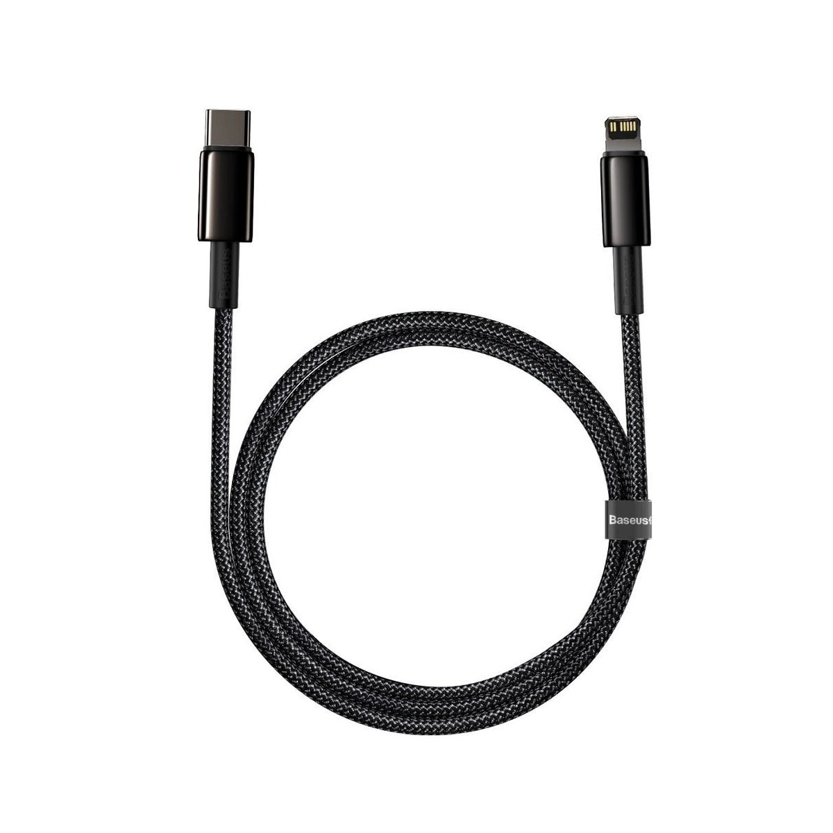 Czarny kabel USB-C do Lightning z marką Baseus, na białym tle.