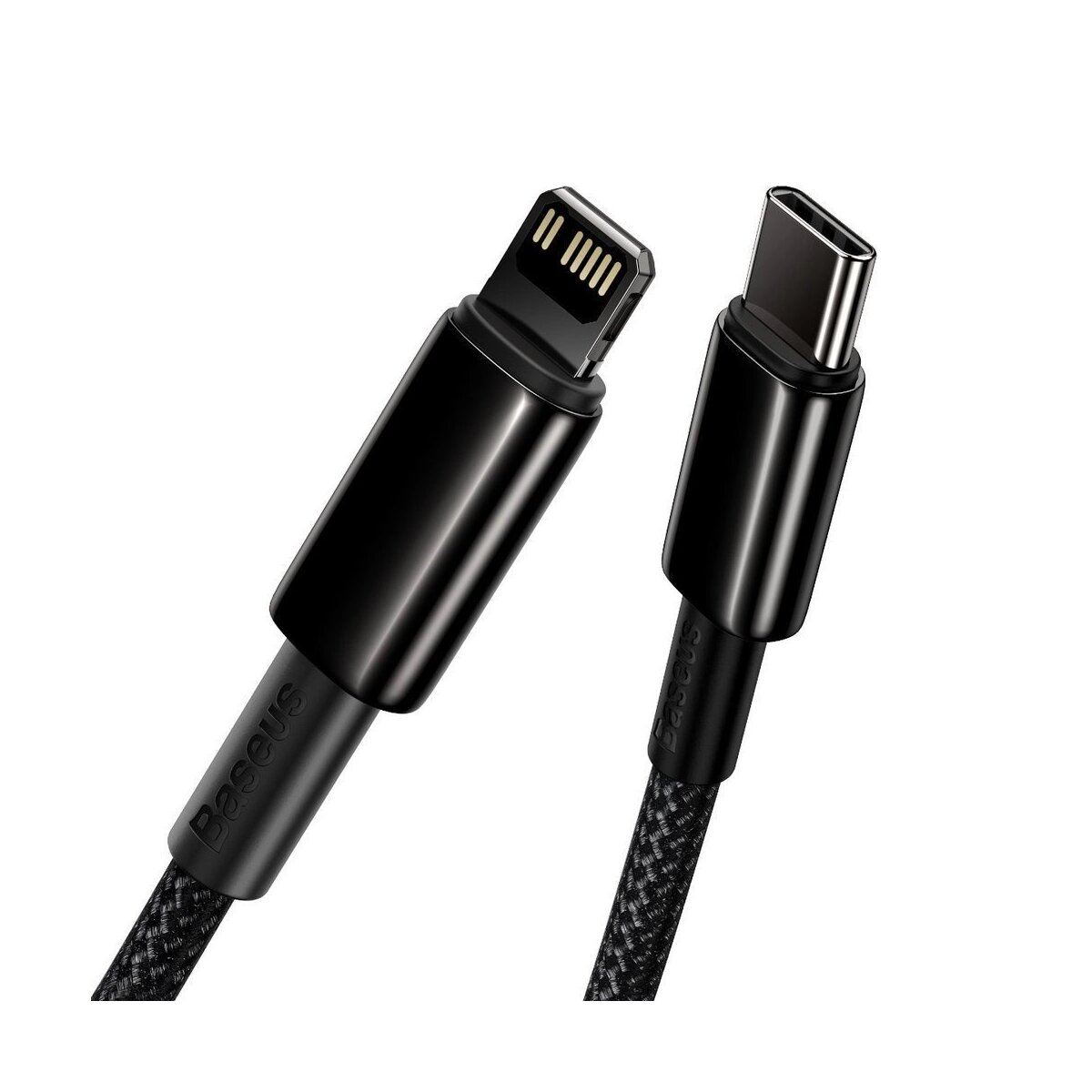 Czarny kabel USB-C do Lightning. Marka Baseus, czarny pleciony kabel.