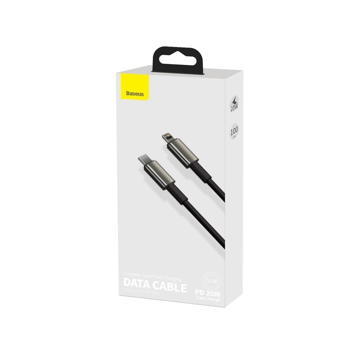 Biało-szare pudełko z grafiką kabla ładującego. Widoczne logo 'Baseus' i tekst 'Data Cable'.