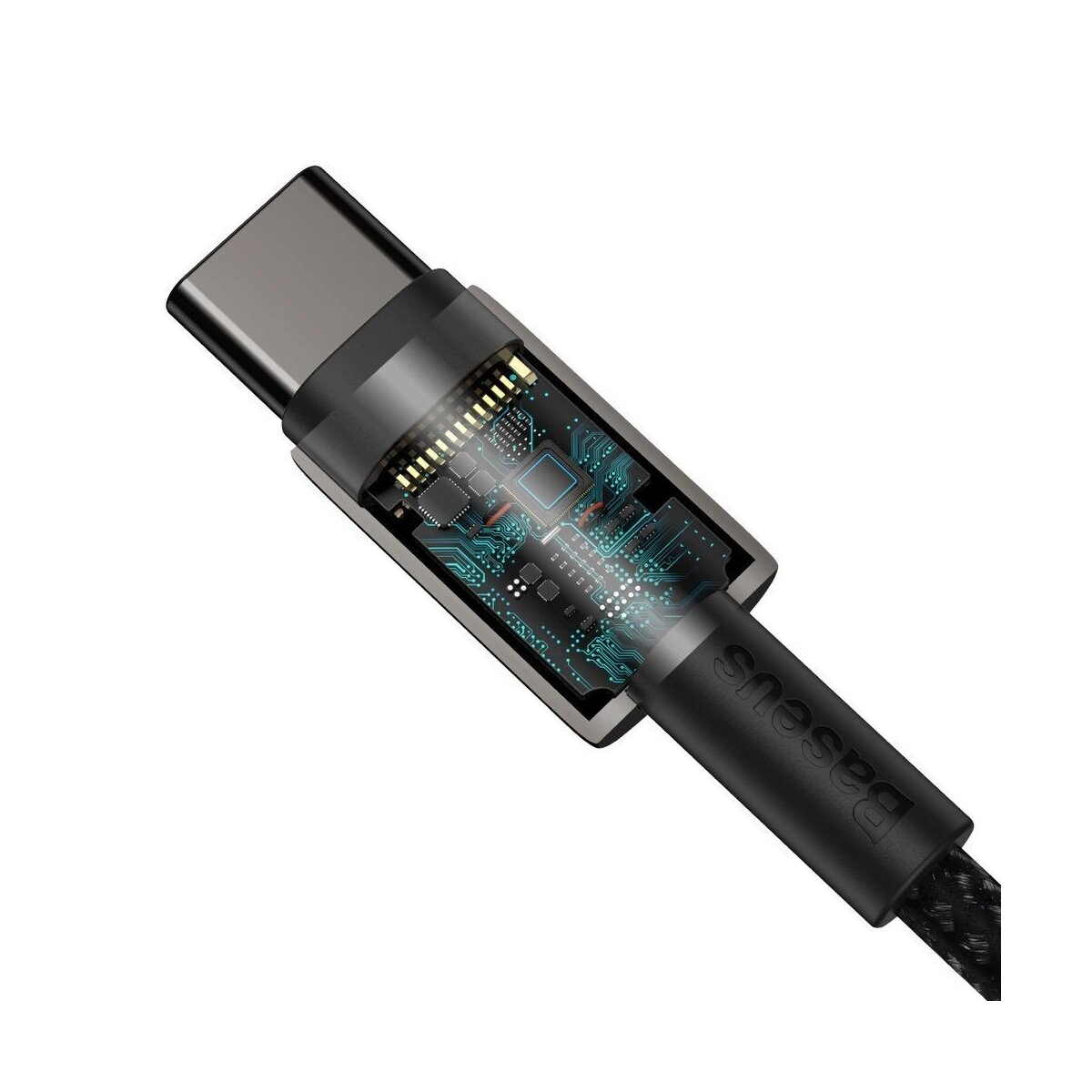 Cavo USB-C nero con marchio Baseus. Il cavo ha un connettore USB-C e un circuito stampato trasparente.