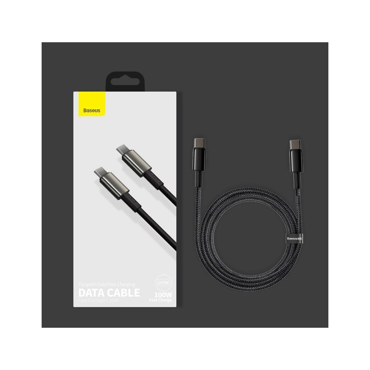 Cavo dati in confezione. Due cavi con connettori USB-C. Marchio Baseus, sfondo nero.