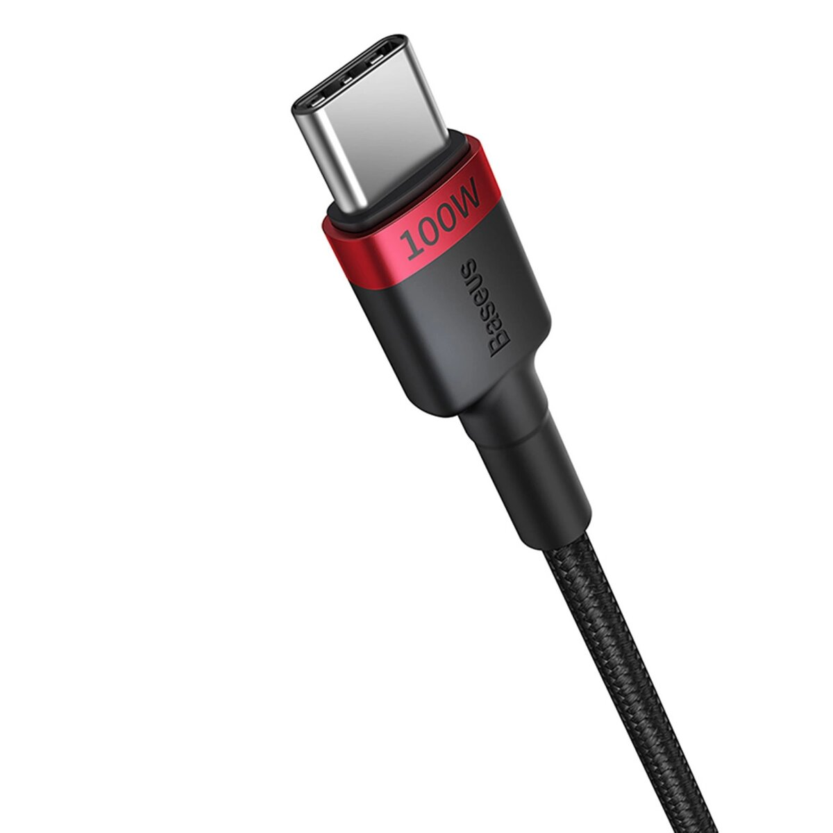 Czarny kabel USB-C Baseus z czerwonymi akcentami i etykietą 100W, na białym tle.