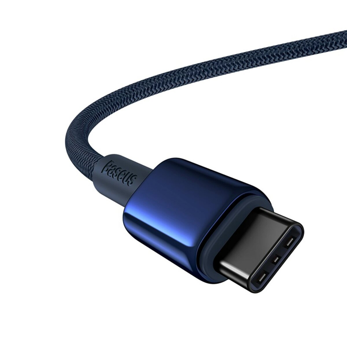 Zbliżenie niebieskiego kabla ładującego USB-C z czarnym złączem i marką Baseus.