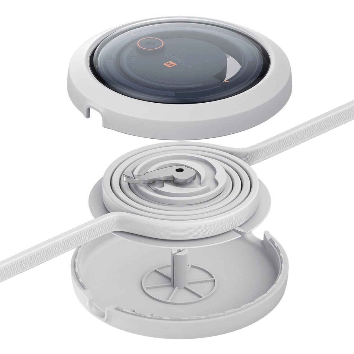 Caricabatterie wireless Baseus bianco, smontato, che mostra i componenti interni, inclusa una bobina.