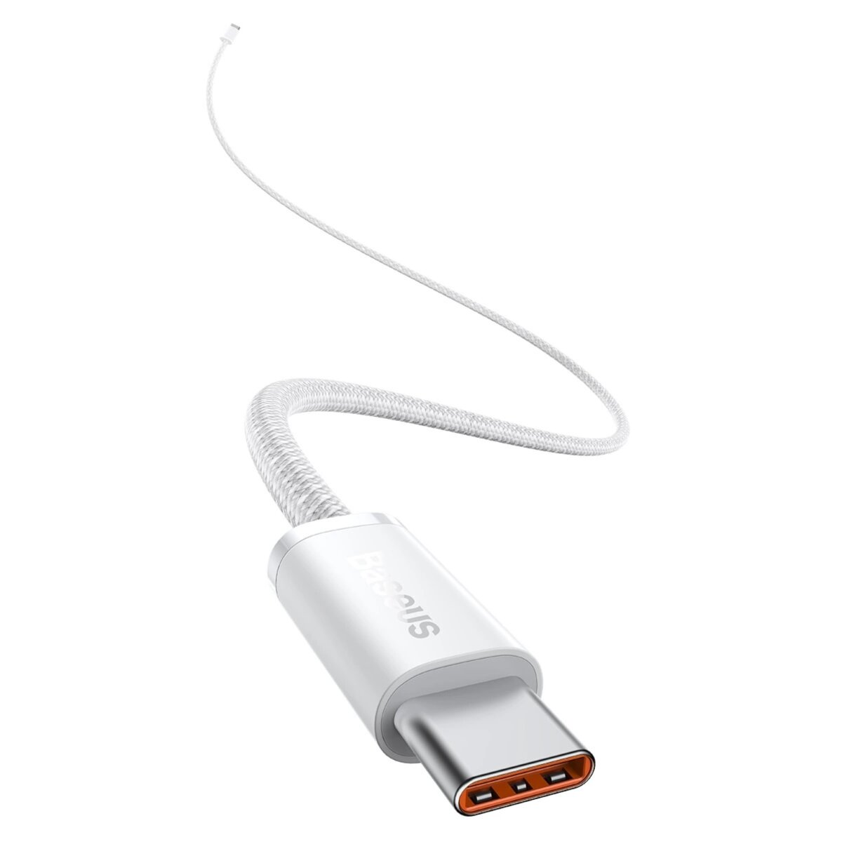 Ein weißes USB-C-zu-USB-C-Kabel mit silbernem Stecker und orangefarbenem Innenstecker.
