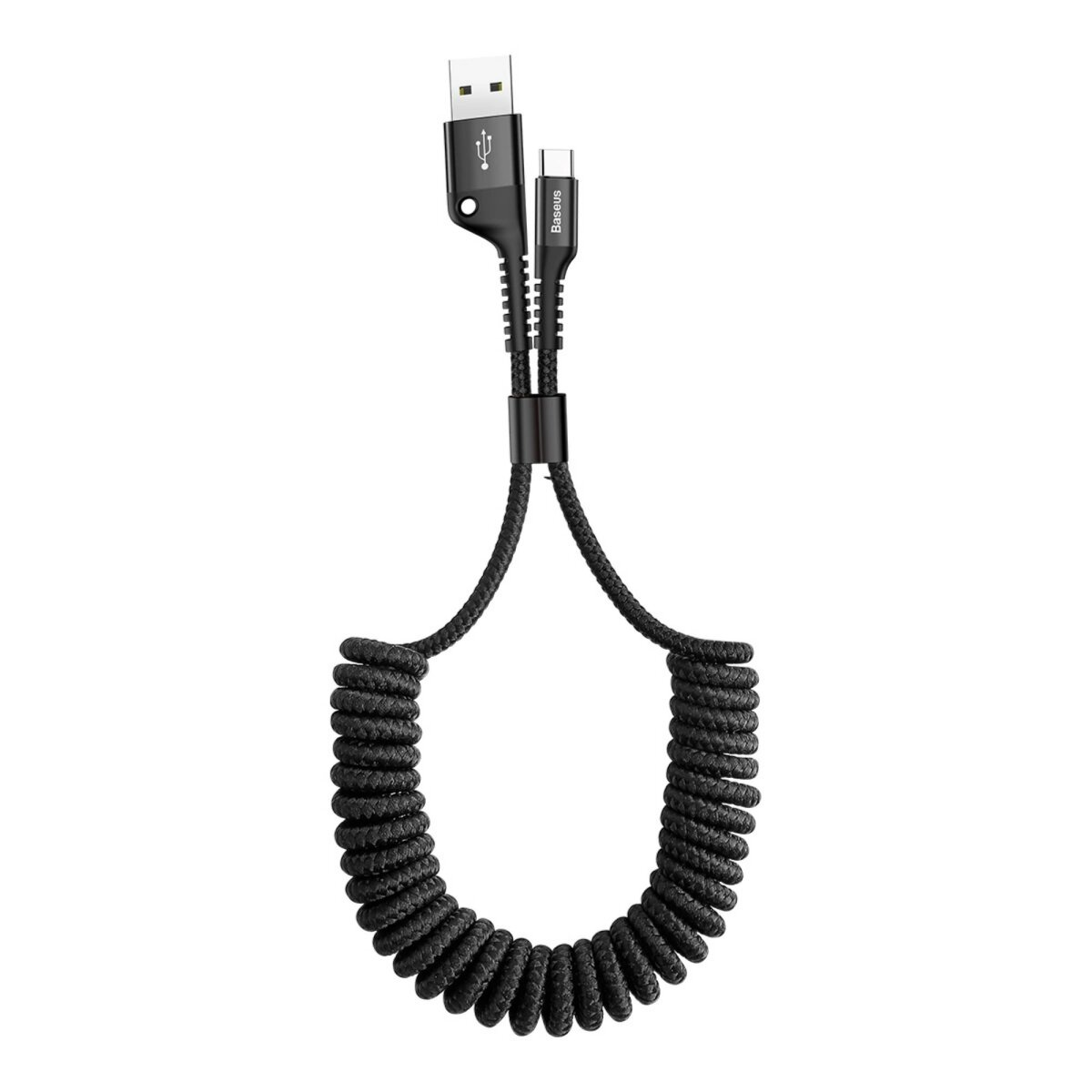 Un cavo di ricarica nero a spirale da USB a Tipo-C con logo Baseus e connettore USB.