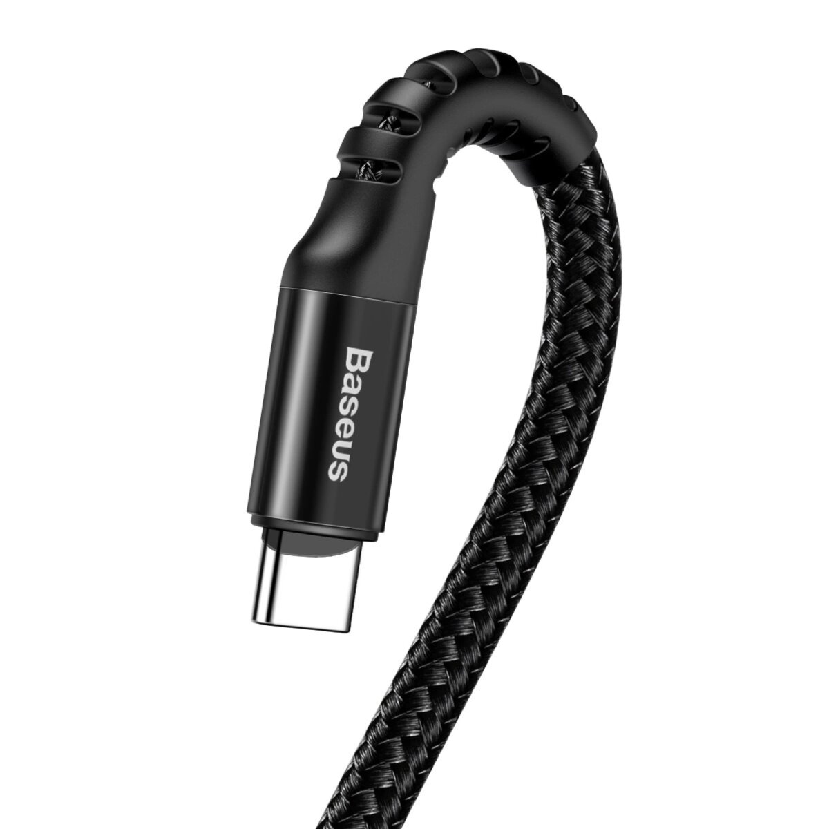 Cavo USB-C nero, trama intrecciata. Logo Baseus stampato sul connettore. Sfondo bianco.